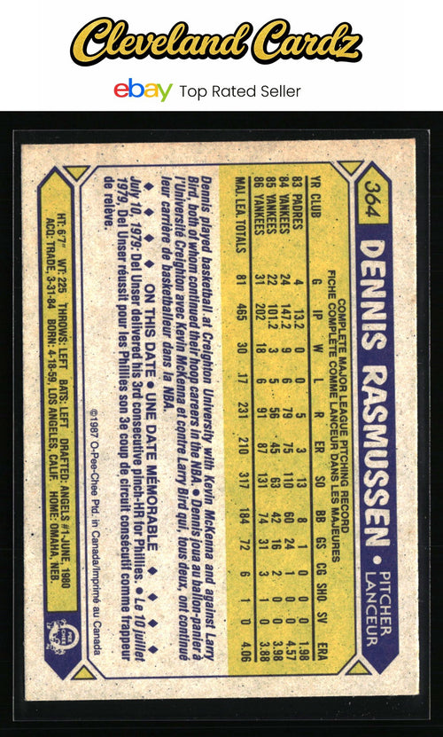 1987 O-Pee-Chee #364 Dennis Rasmussen