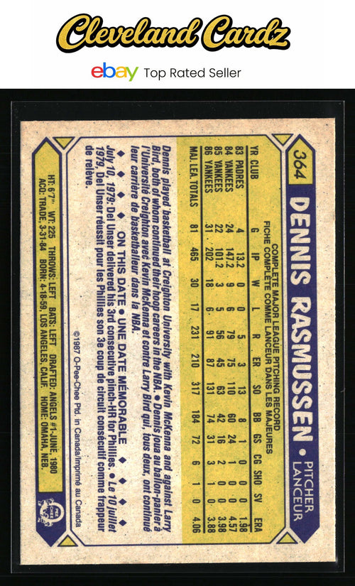 1987 O-Pee-Chee #364 Dennis Rasmussen