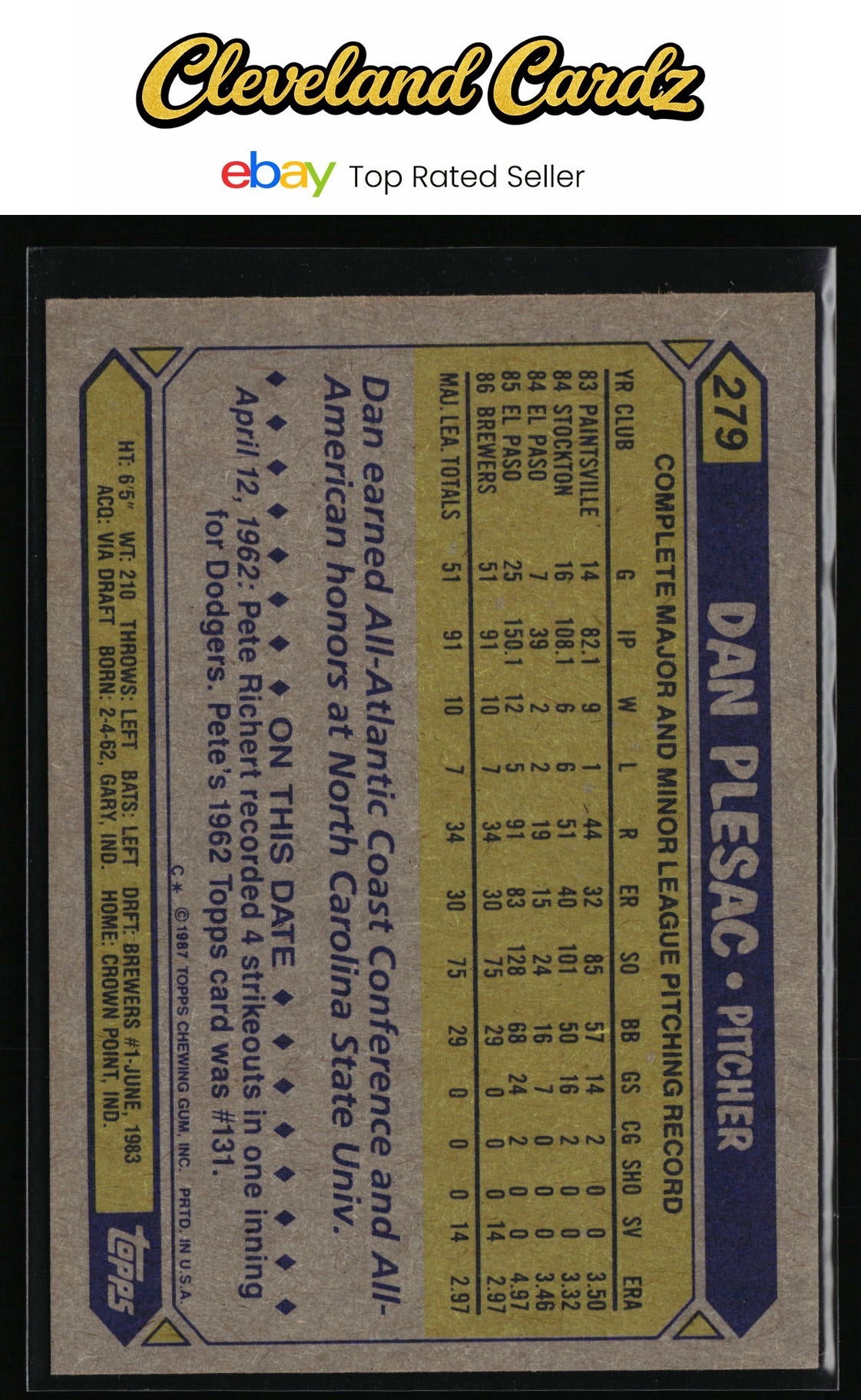 1987 Topps #279 Dan Plesac RC