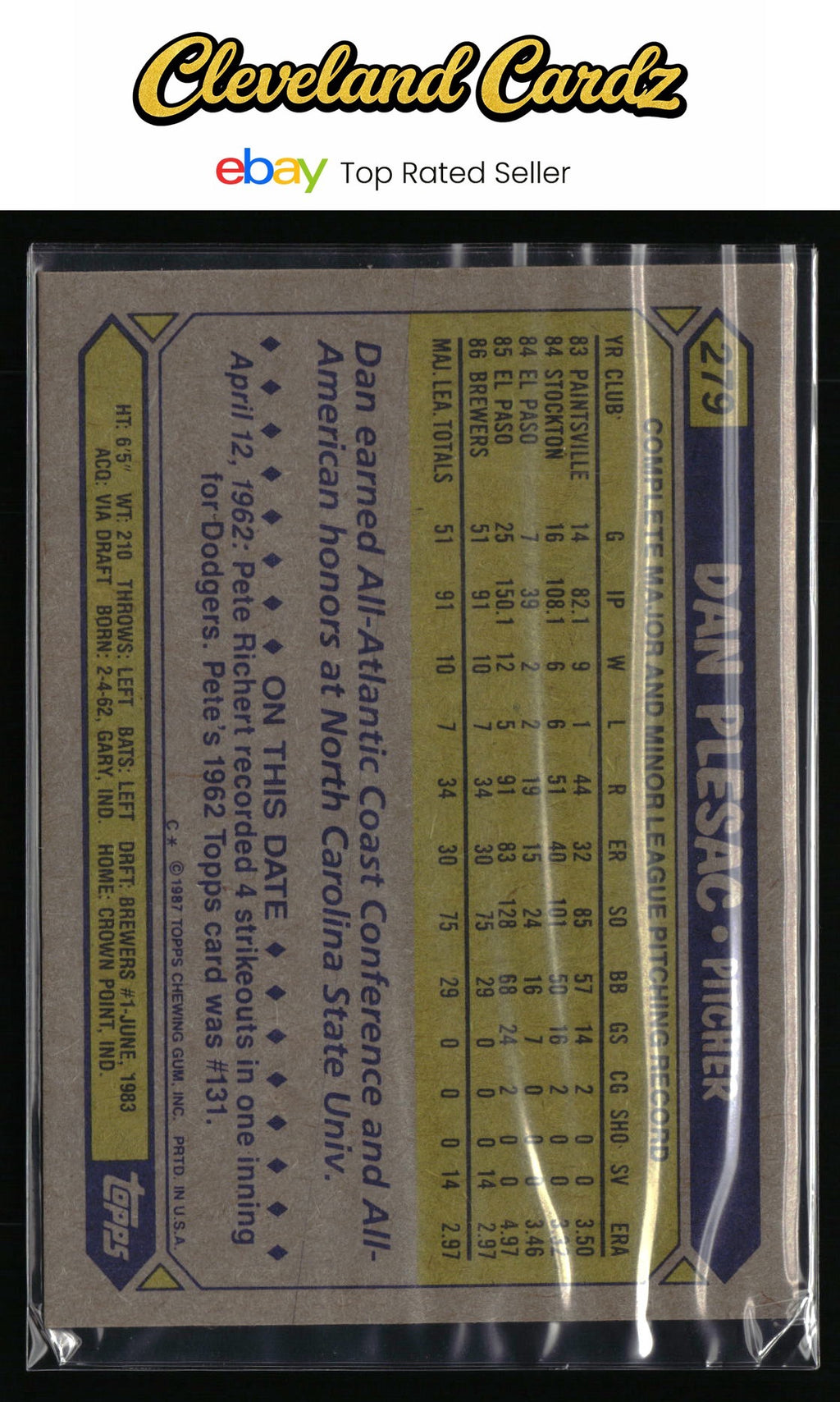 1987 Topps #279 Dan Plesac RC
