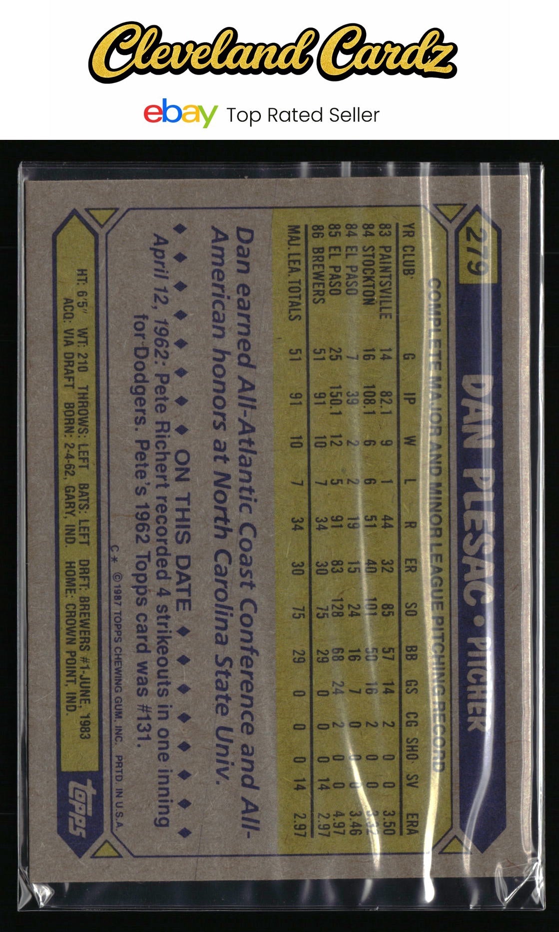 1987 Topps #279 Dan Plesac RC