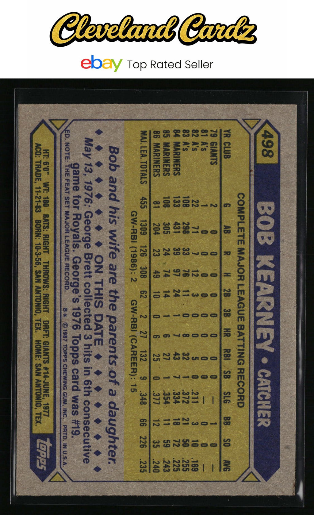 1987 Topps #498 Bob Kearney