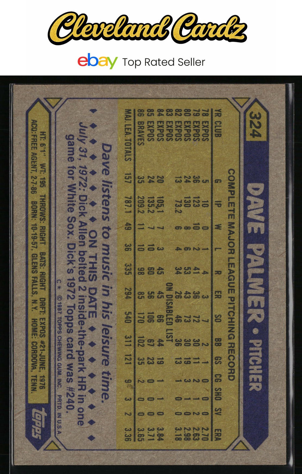 1987 Topps #324 Dave Palmer