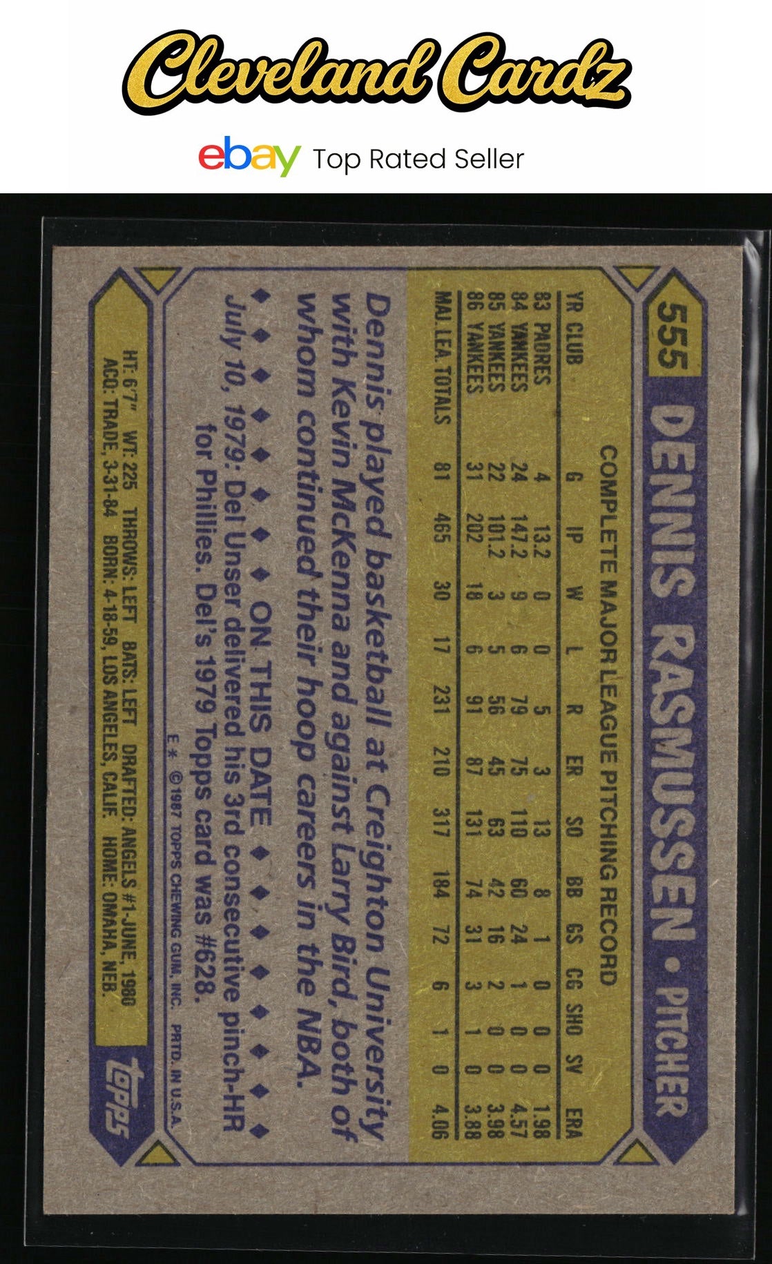 1987 Topps #555 Dennis Rasmussen