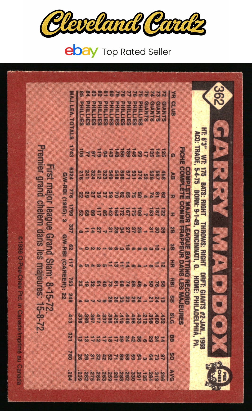 1986 Topps #585 Garry Maddox