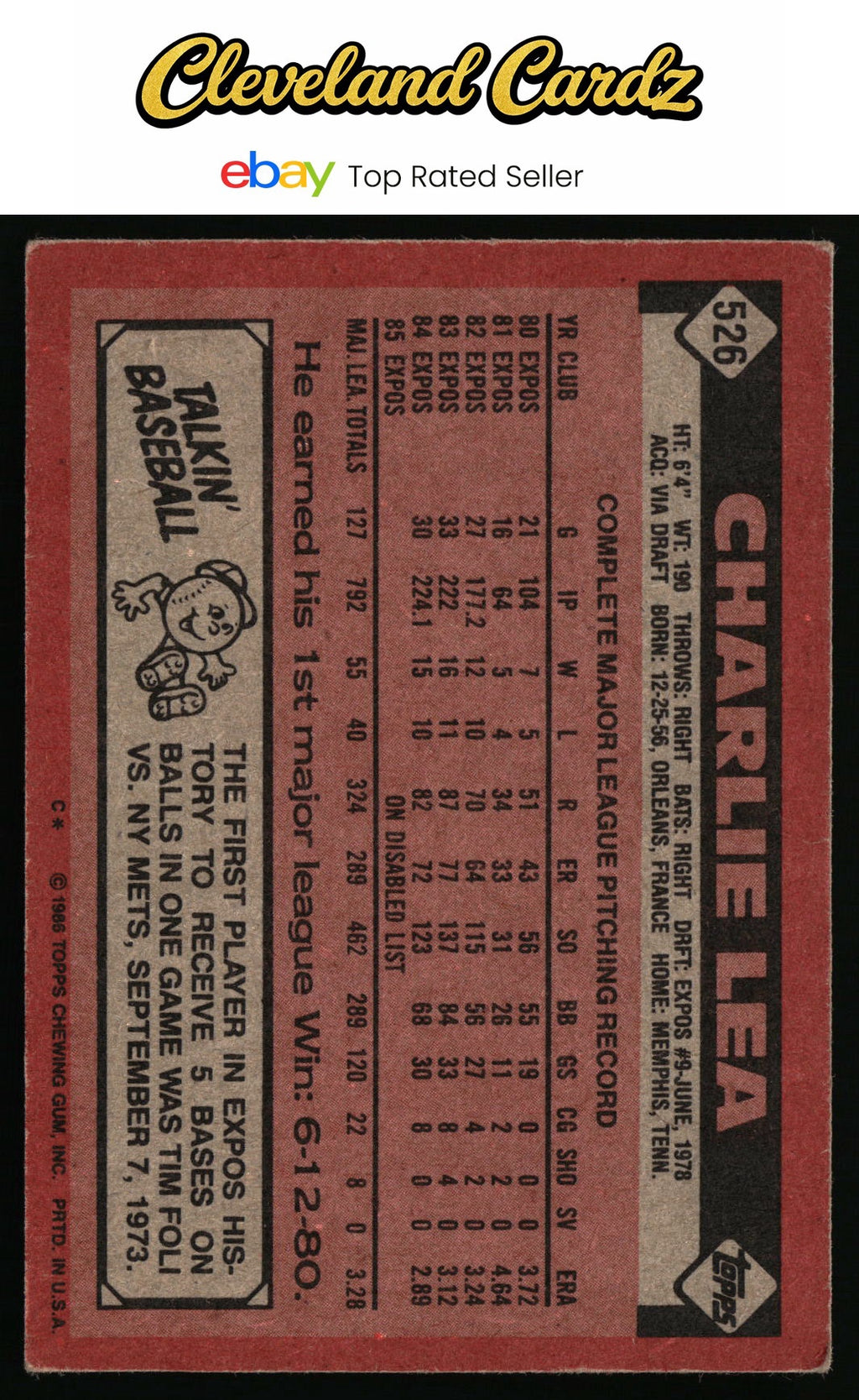 1986 Topps #526 Charlie Lea