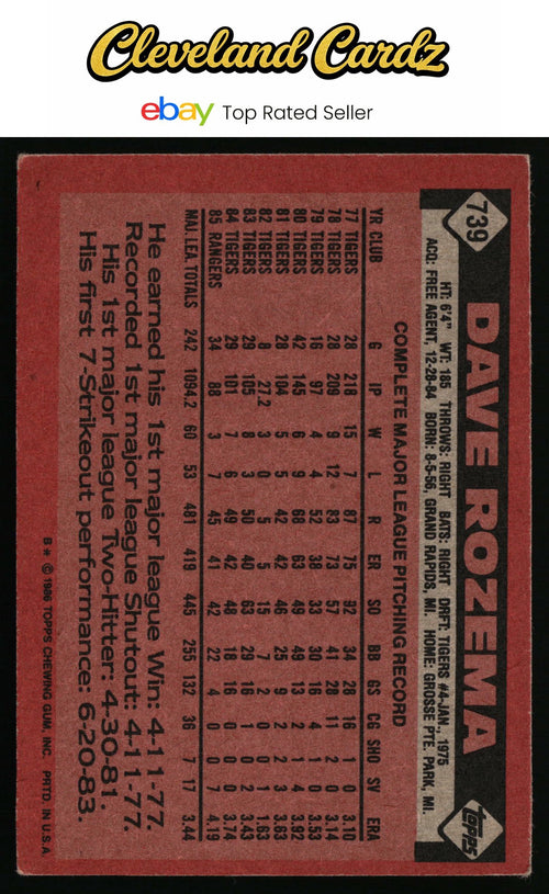 1986 Topps #739 Dave Rozema
