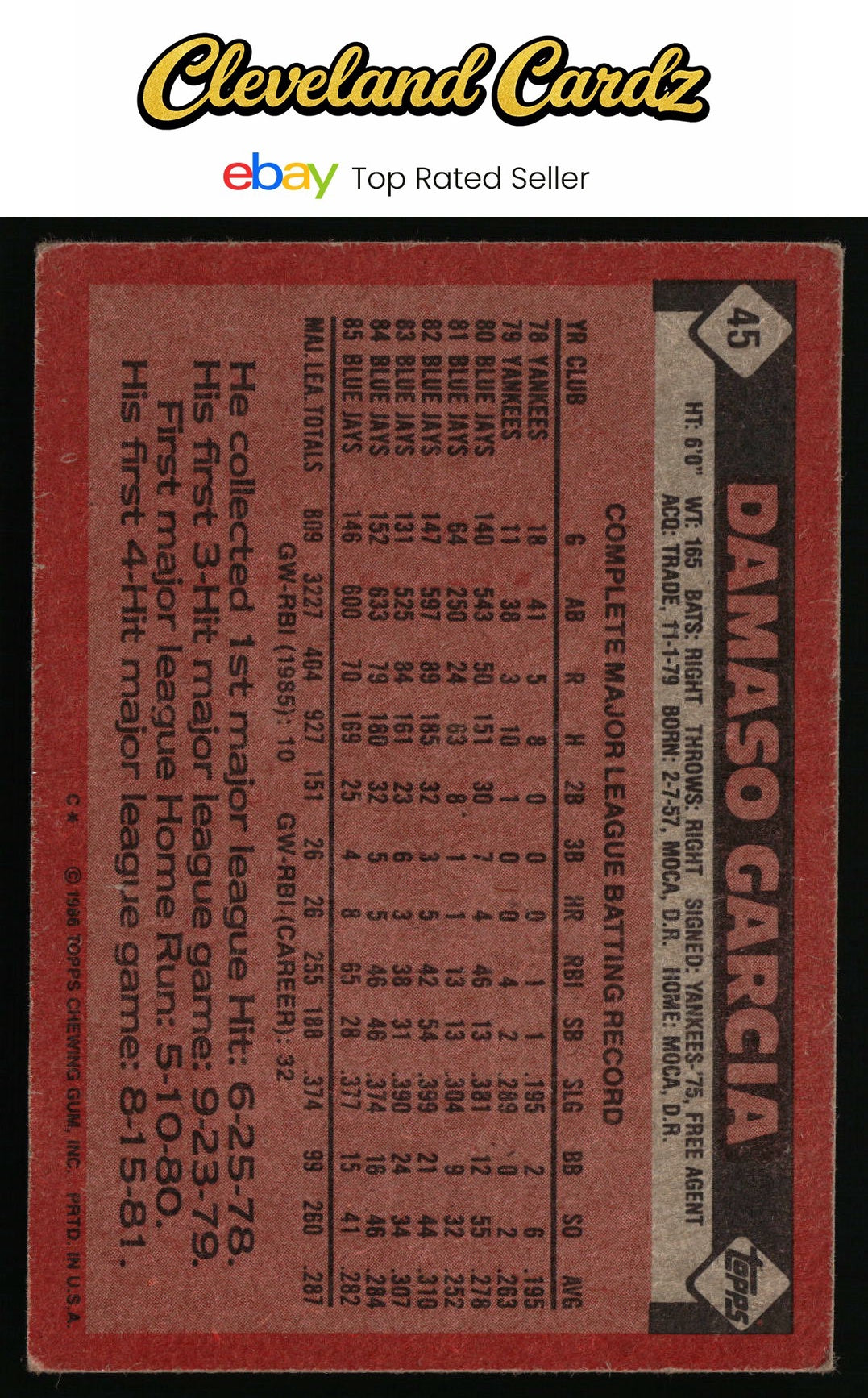 1986 Topps #45 Damaso Garcia