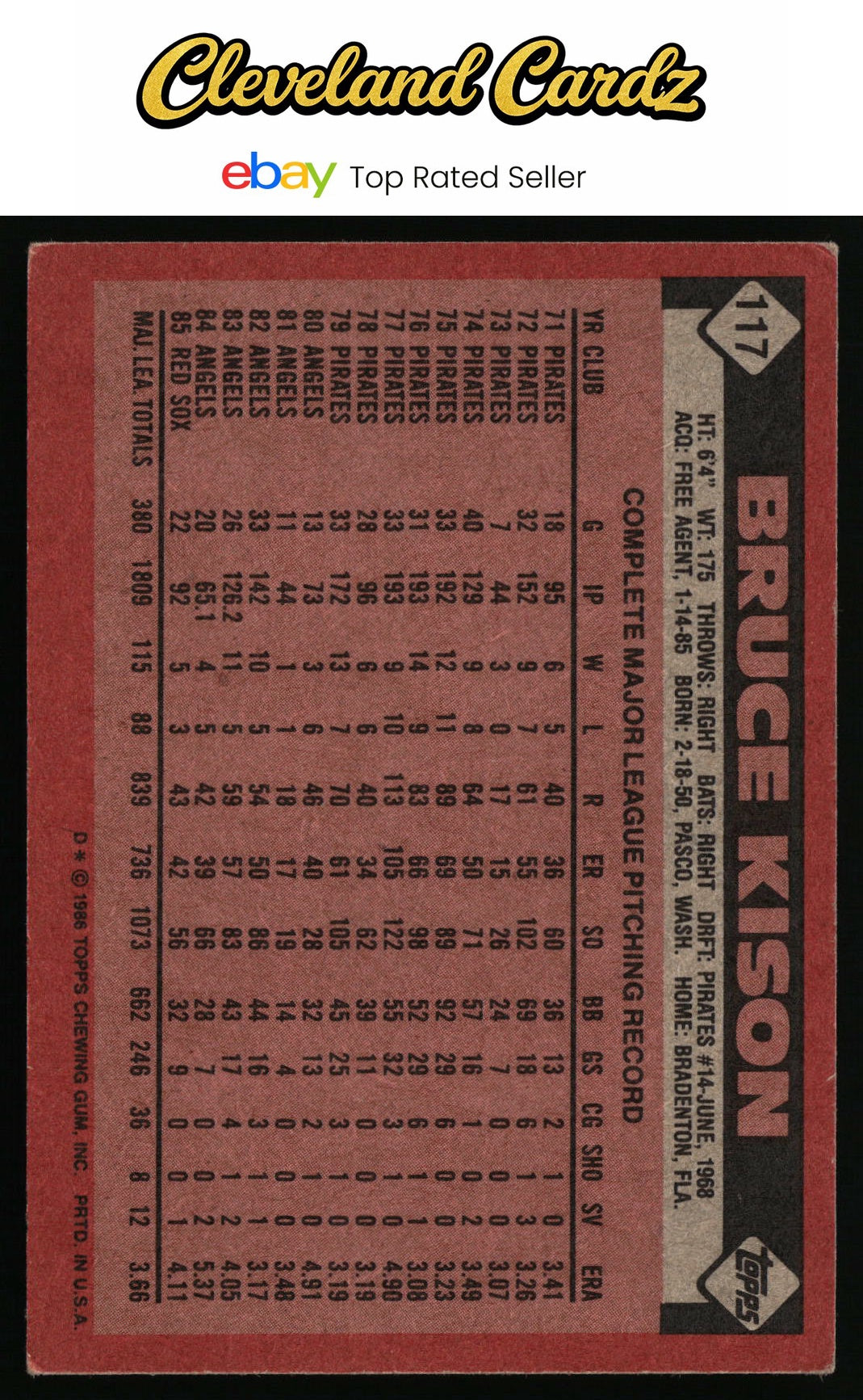1986 Topps #117 Bruce Kison