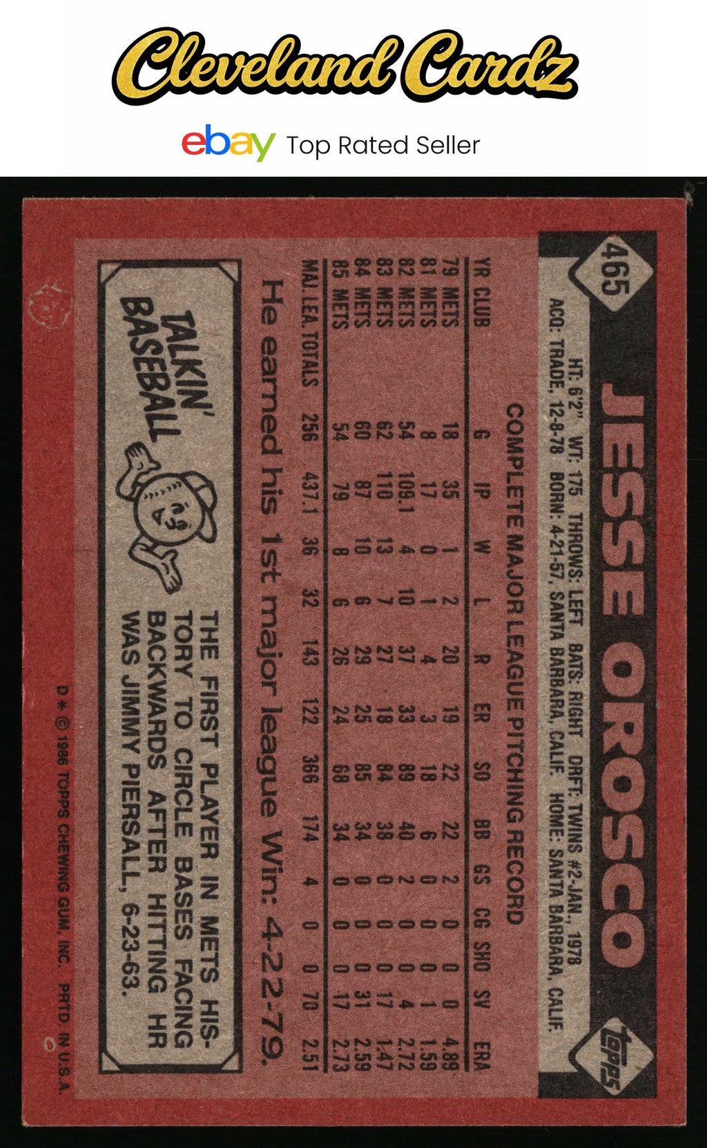 1986 Topps #465 Jesse Orosco