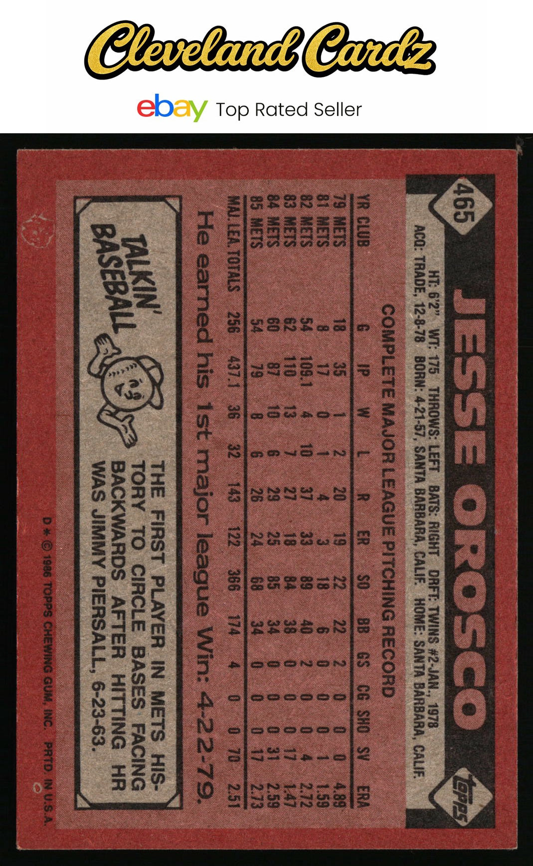 1986 Topps #465 Jesse Orosco
