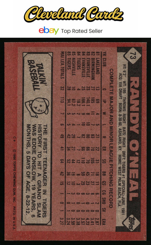1986 Topps #73 Randy O'Neal