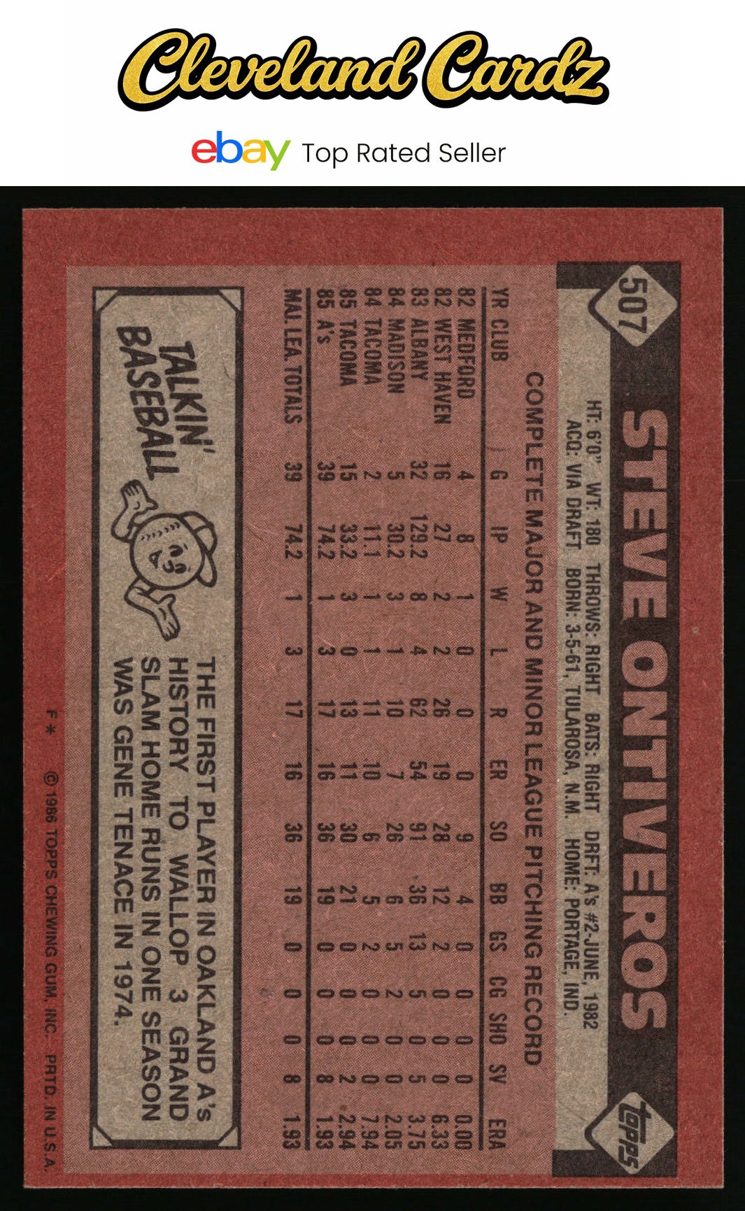 1986 Topps #507 Steve Ontiveros RC