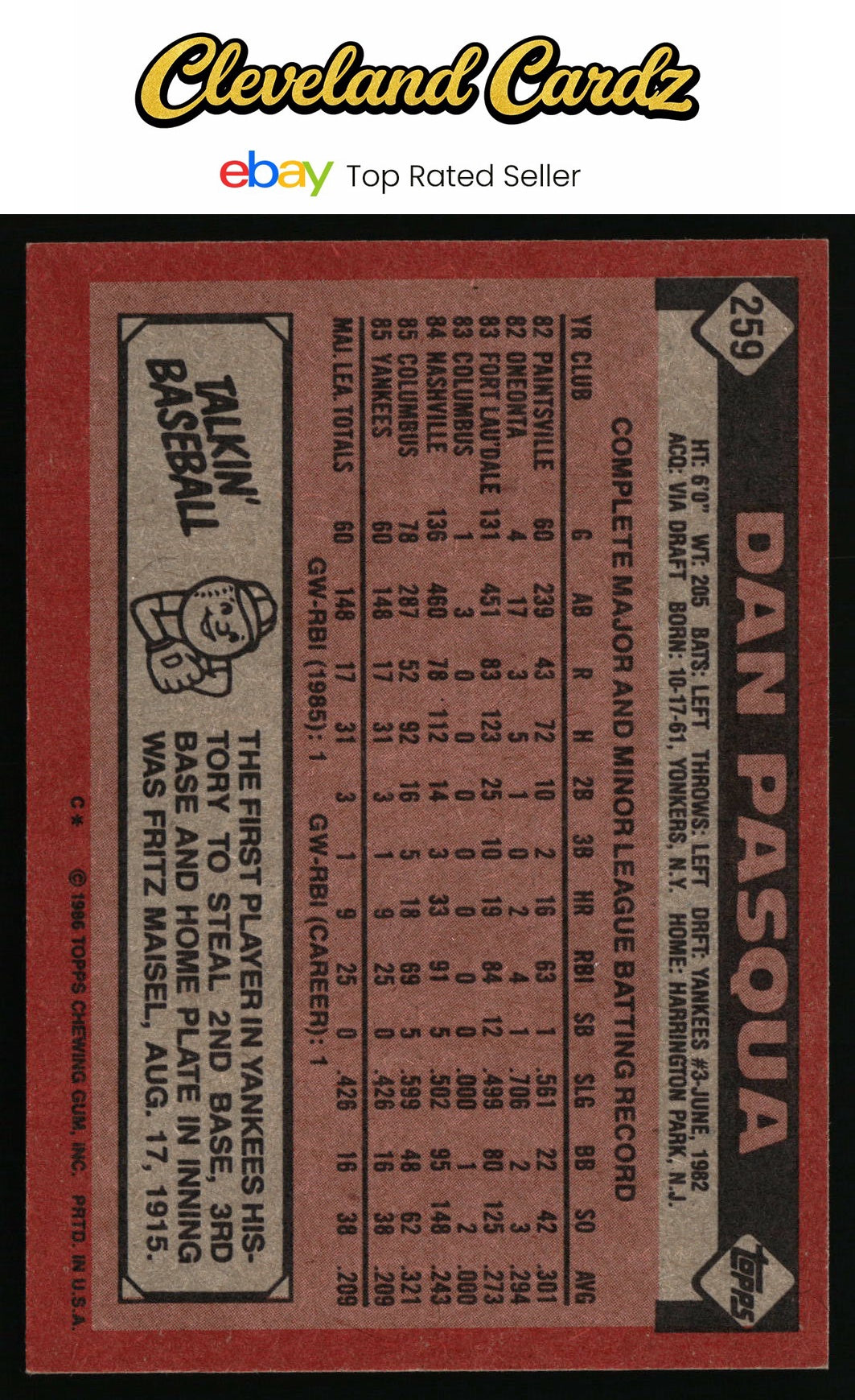 1986 Topps #259 Dan Pasqua