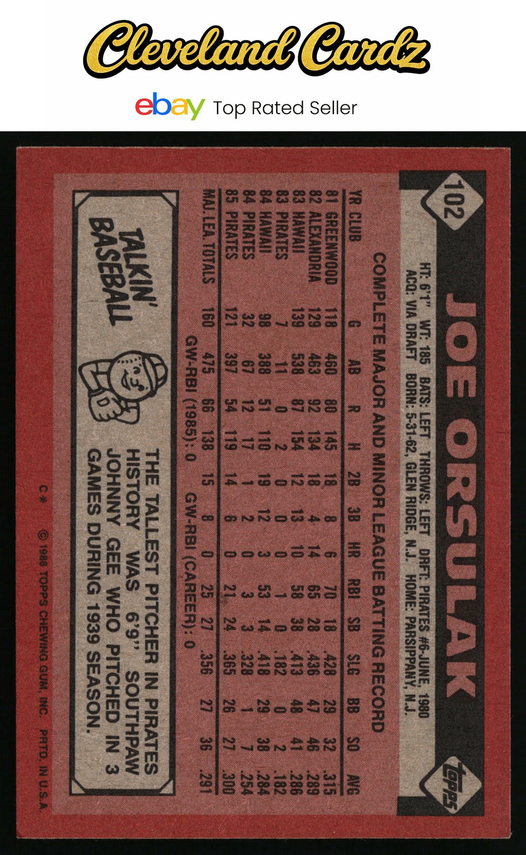 1986 Topps #102 Joe Orsulak RC