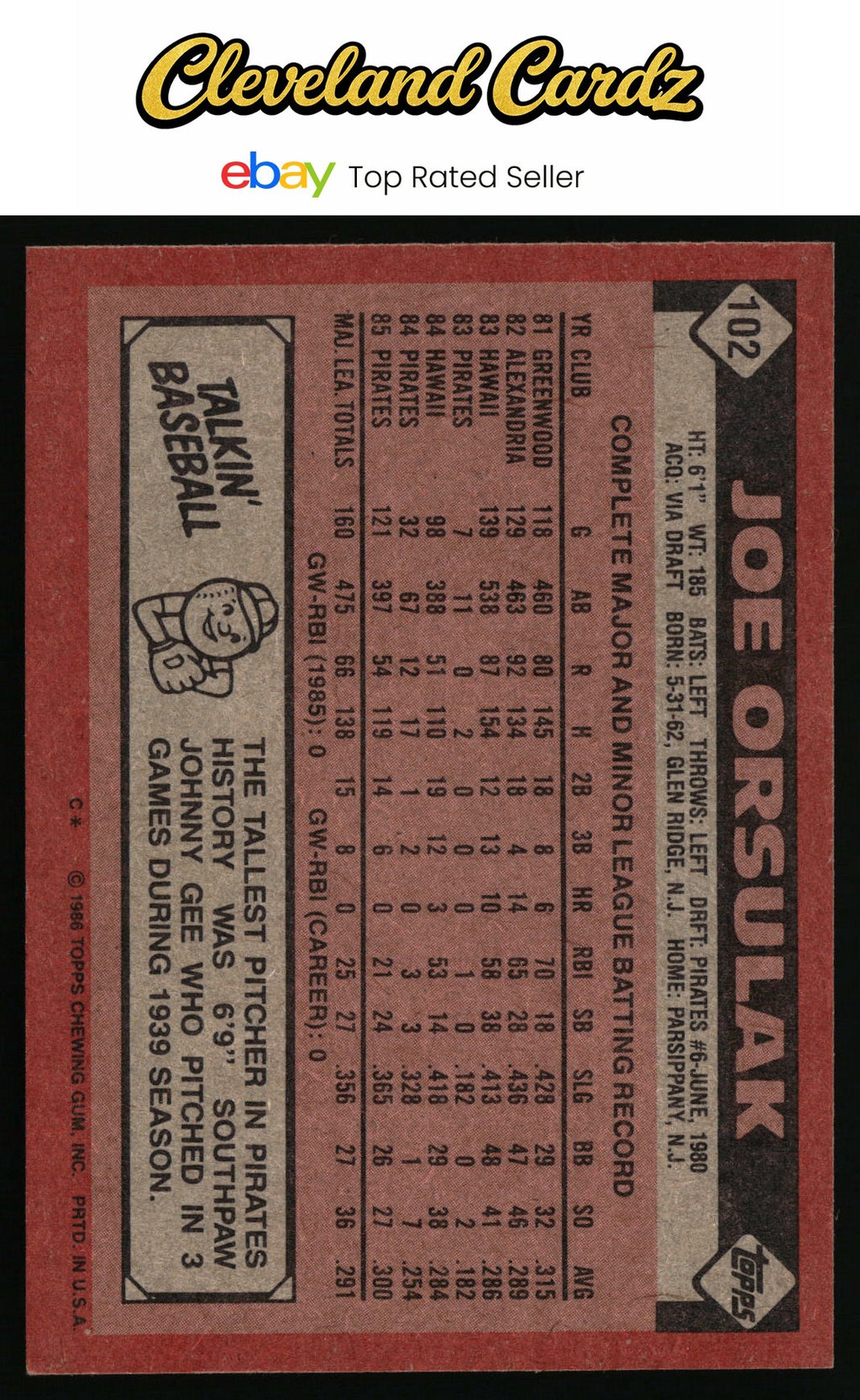 1986 Topps #102 Joe Orsulak RC