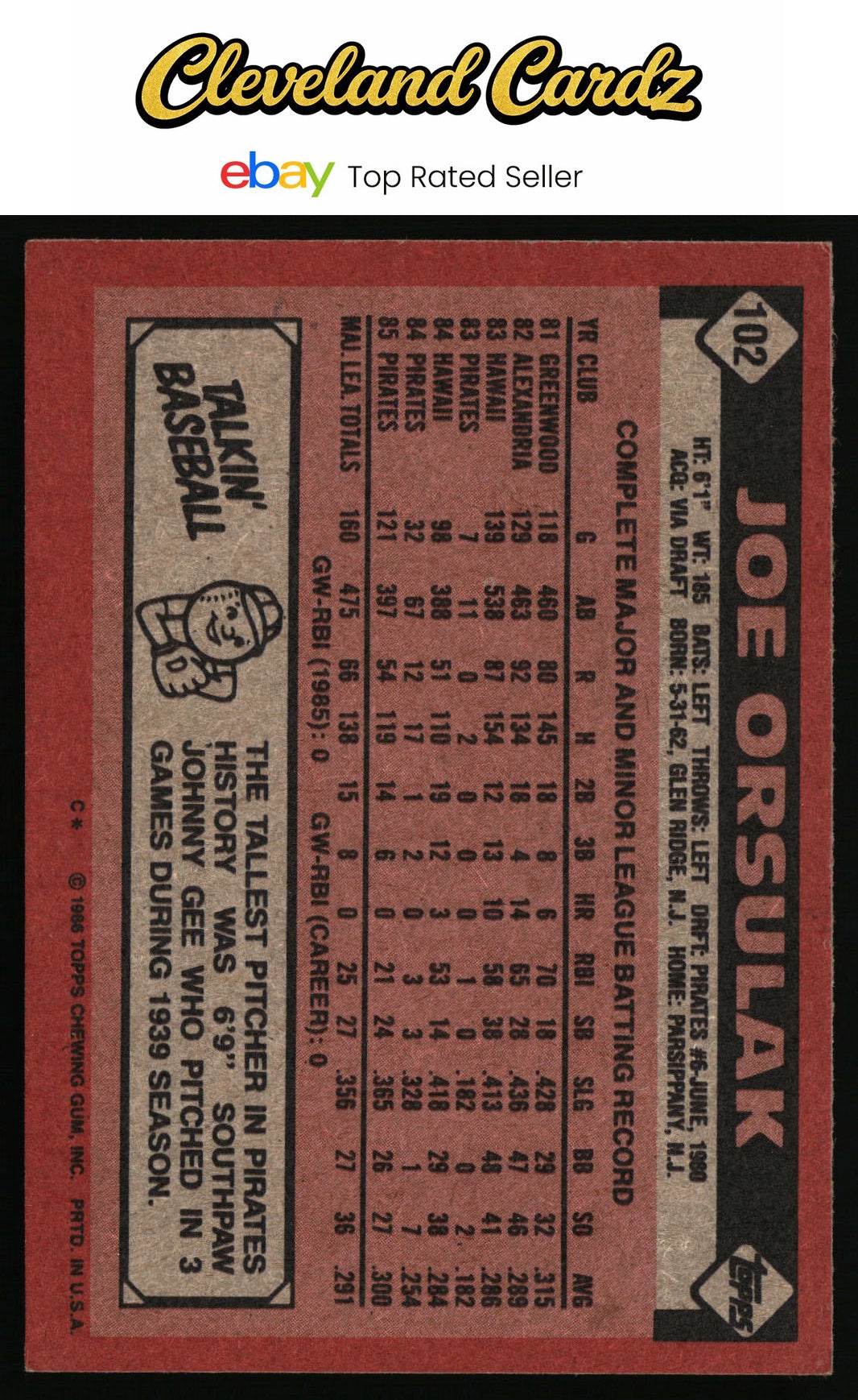1986 Topps #102 Joe Orsulak RC