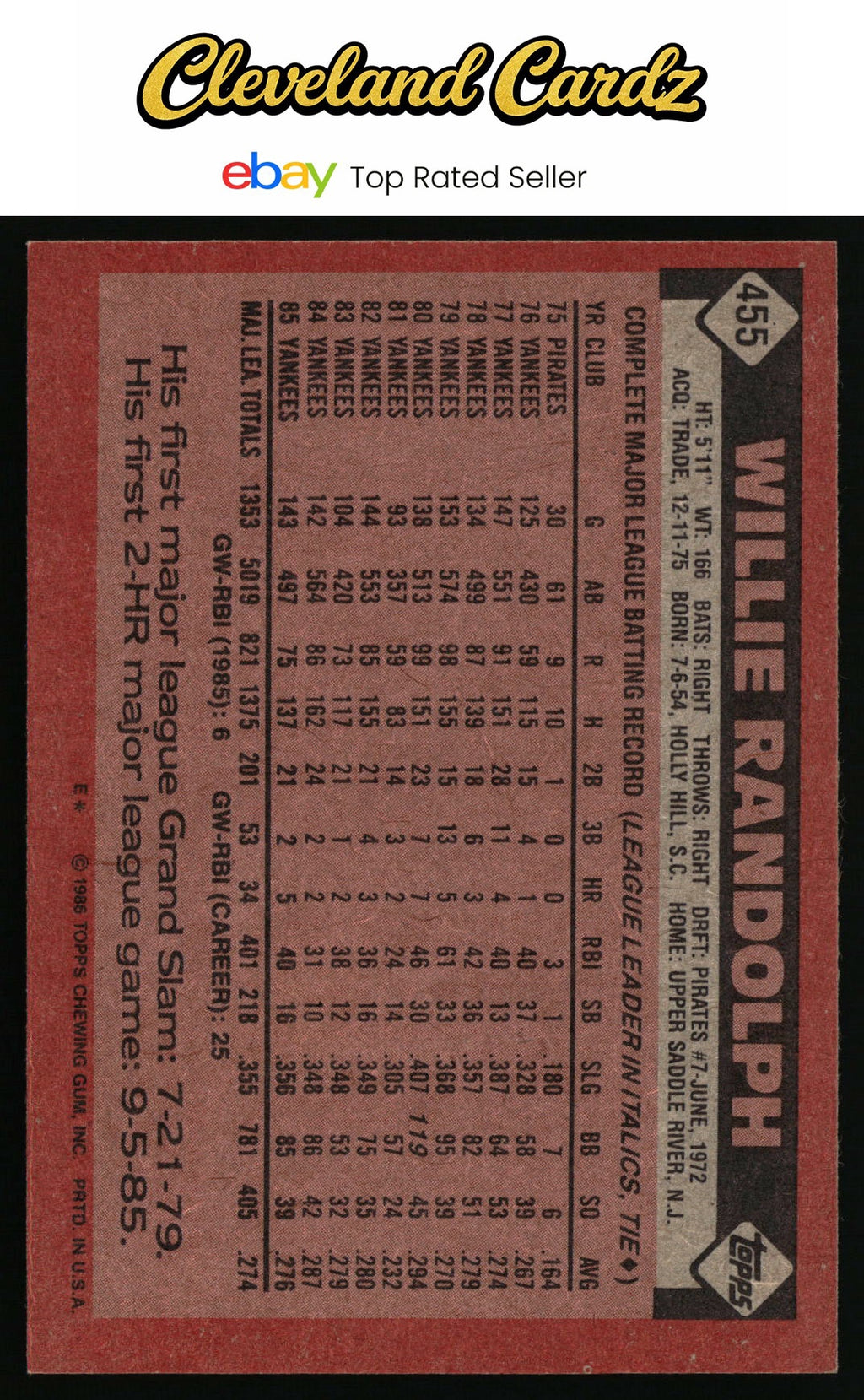 1986 Topps #455 Willie Randolph