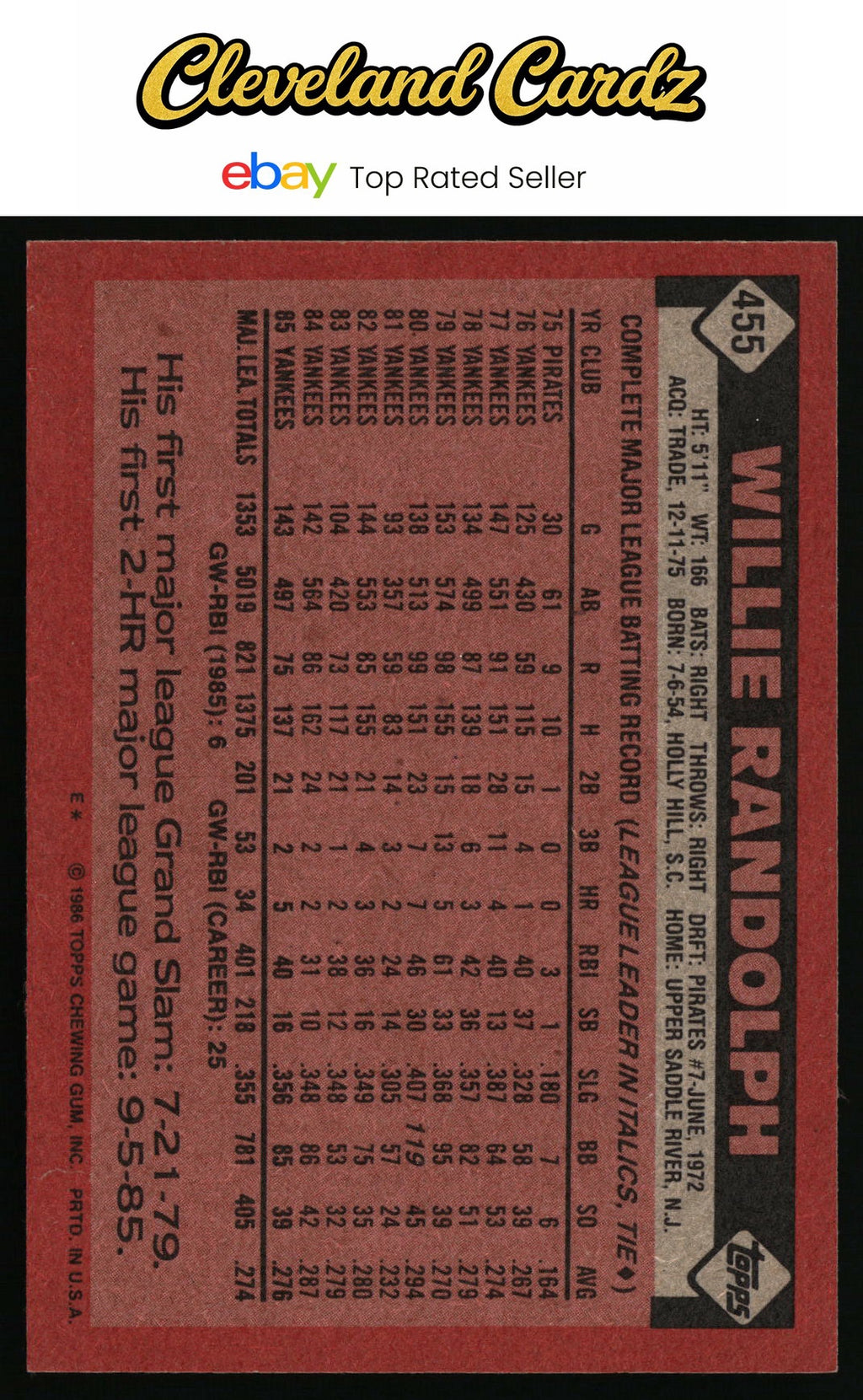 1986 Topps #455 Willie Randolph