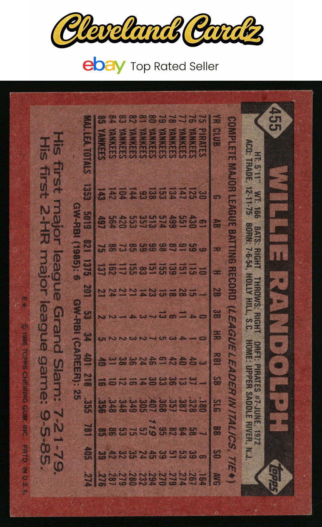 1986 Topps #455 Willie Randolph