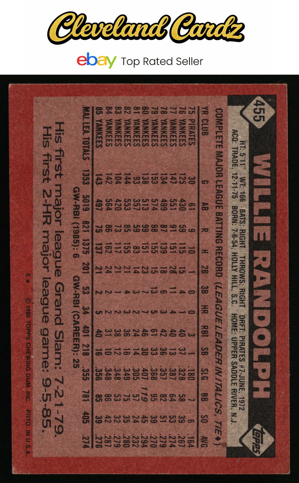 1986 Topps #455 Willie Randolph