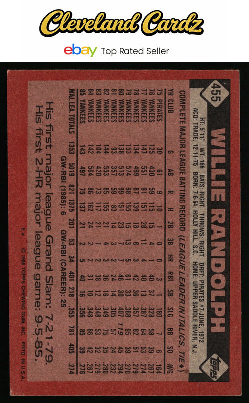 1986 Topps #455 Willie Randolph