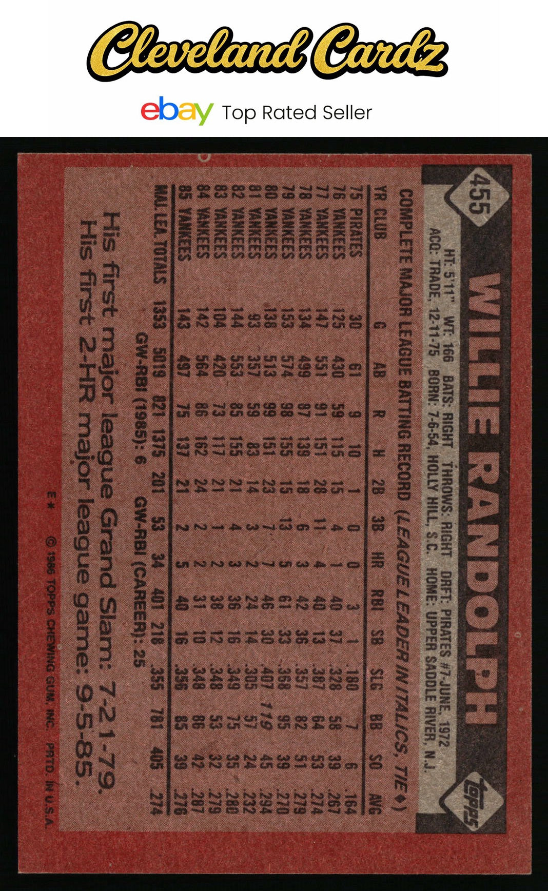 1986 Topps #455 Willie Randolph