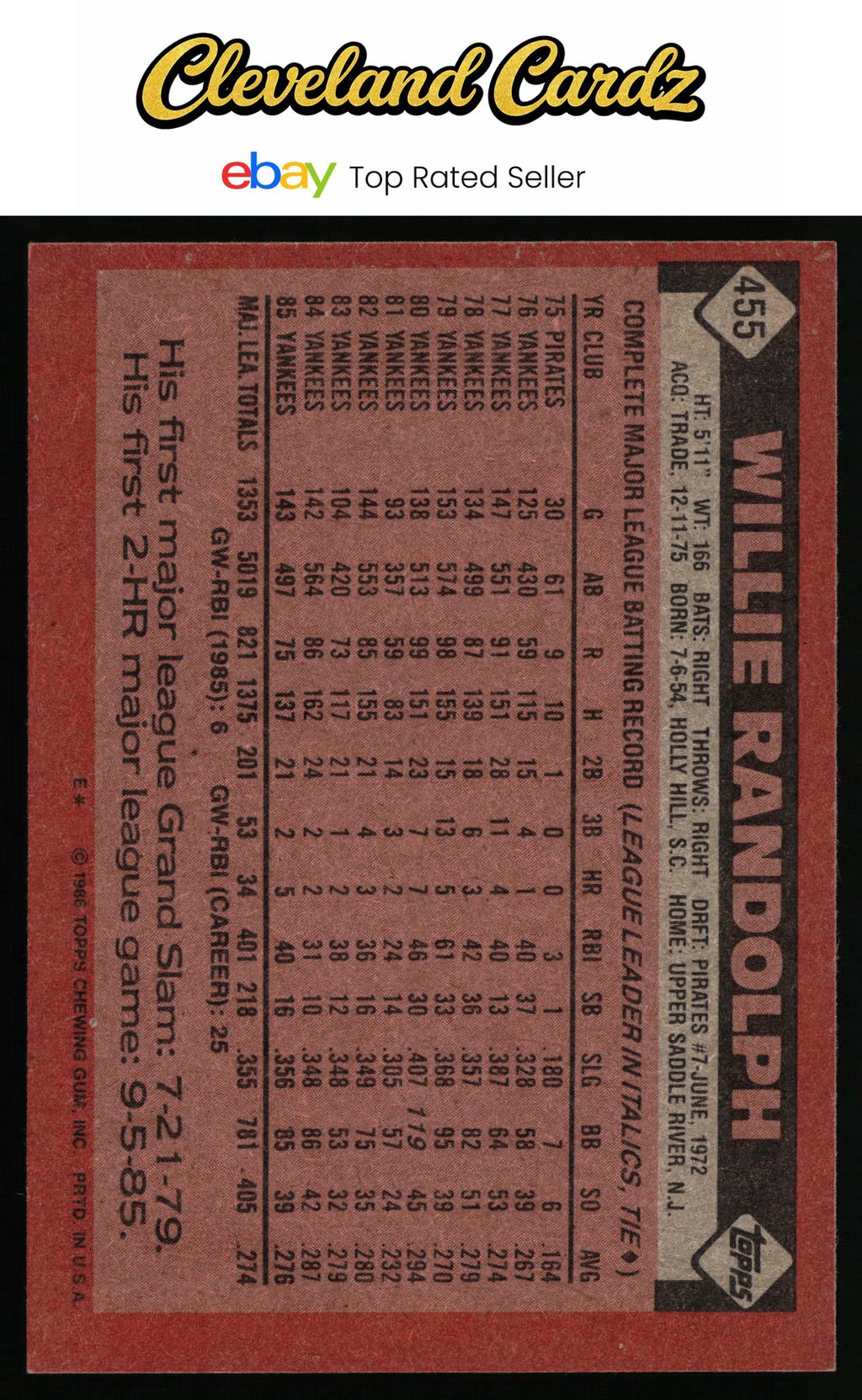 1986 Topps #455 Willie Randolph