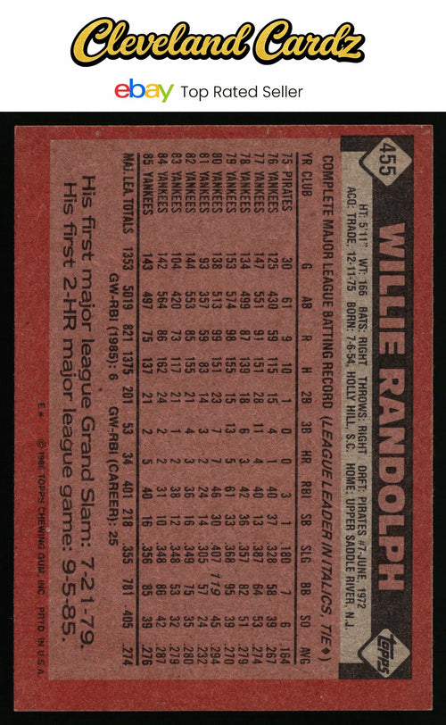 1986 Topps #455 Willie Randolph