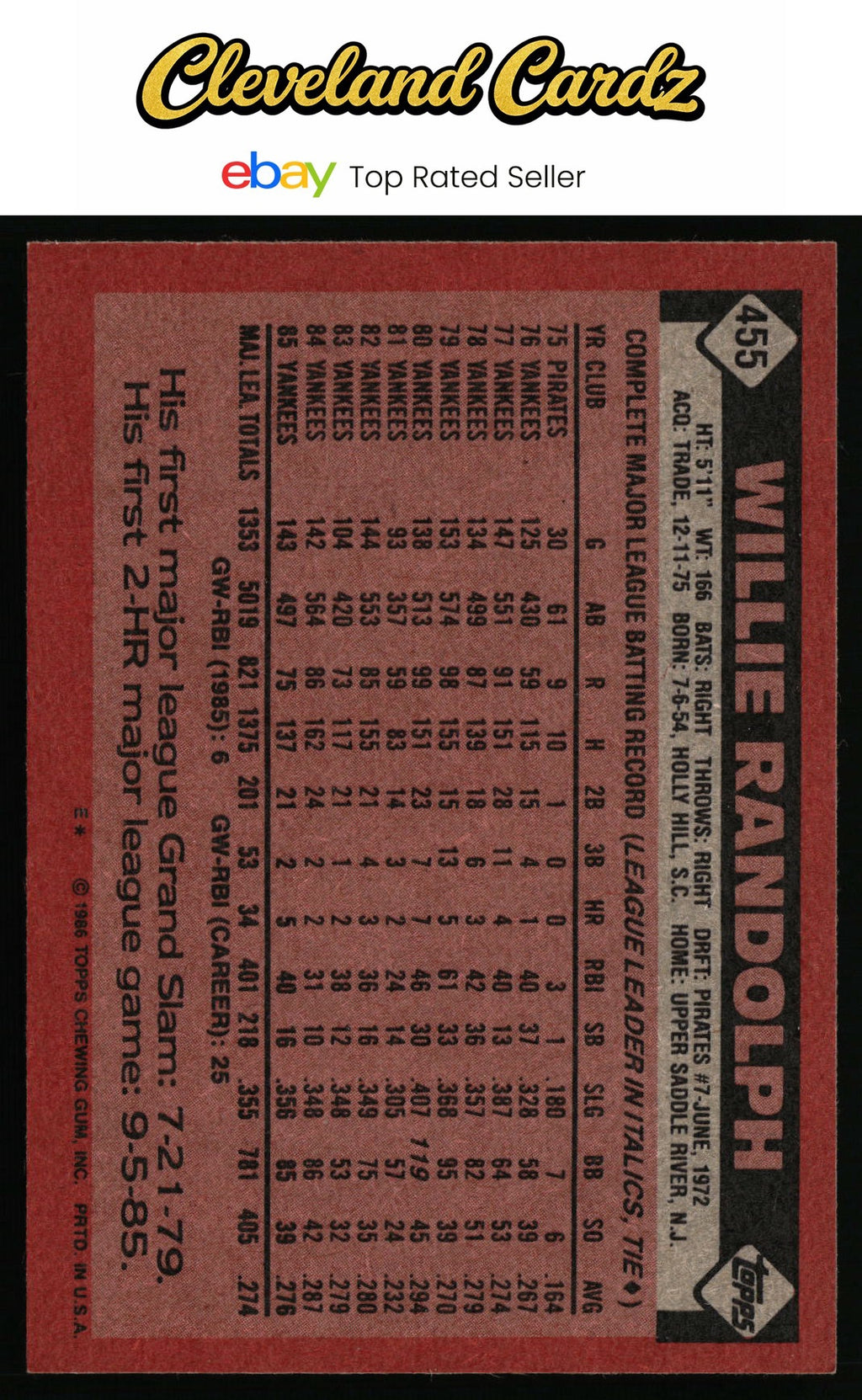1986 Topps #455 Willie Randolph