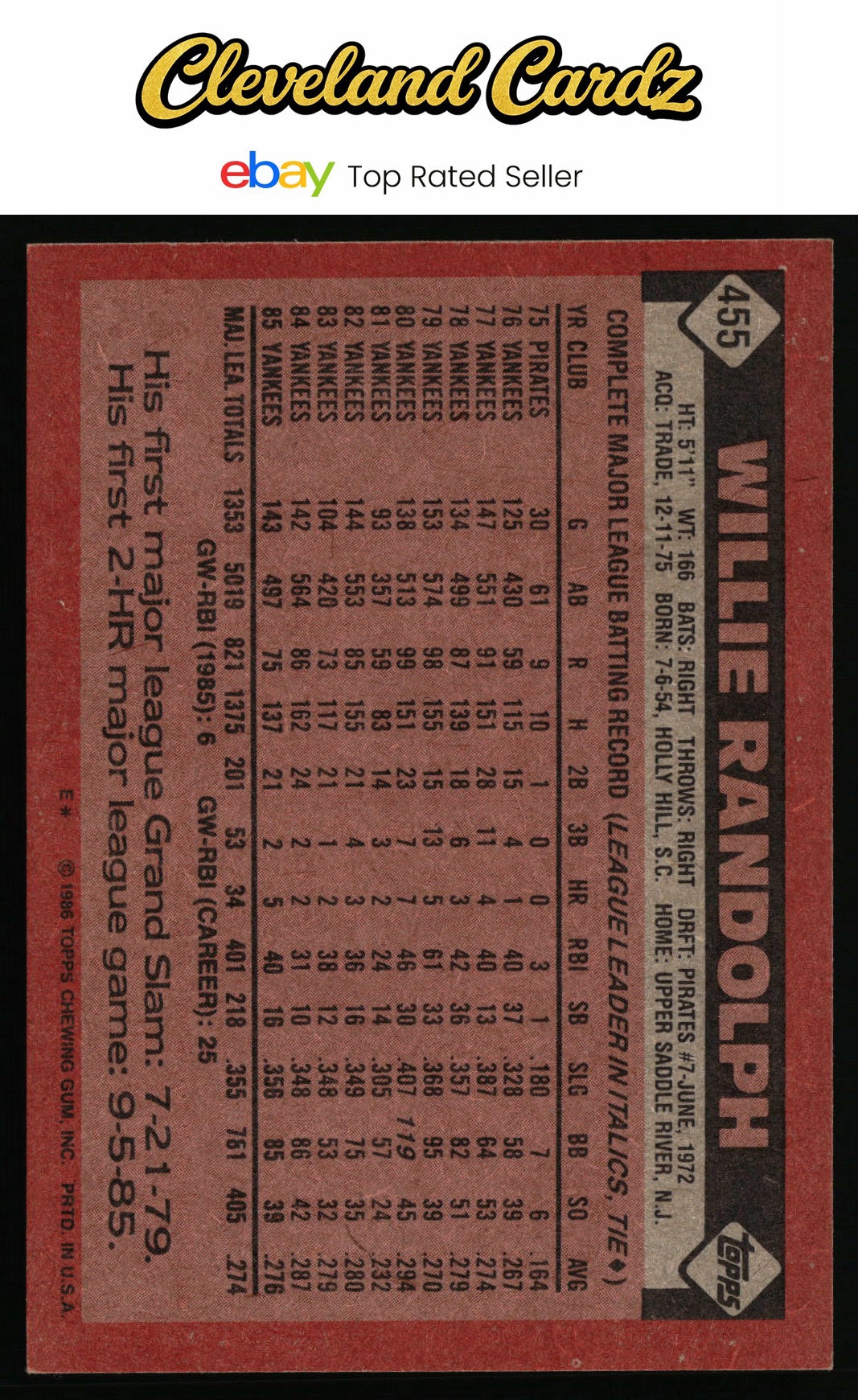 1986 Topps #455 Willie Randolph