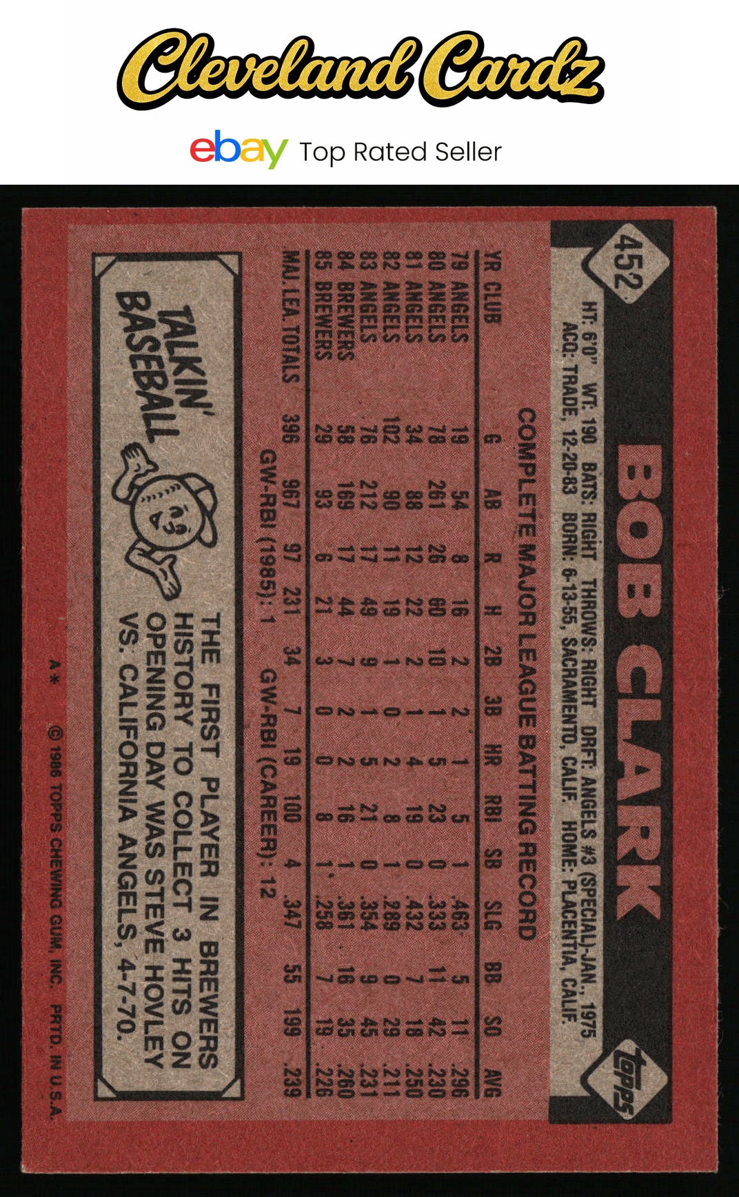 1986 Topps #452 Bob Clark