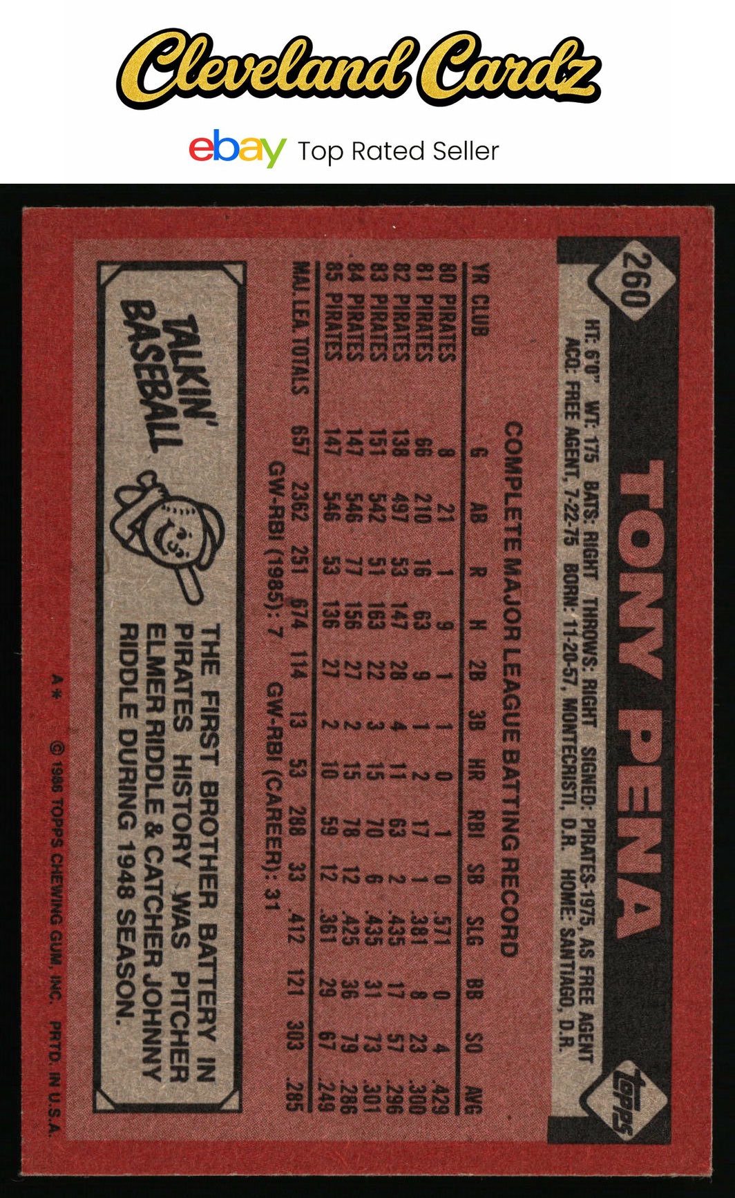 1986 Topps #260 Tony Pena