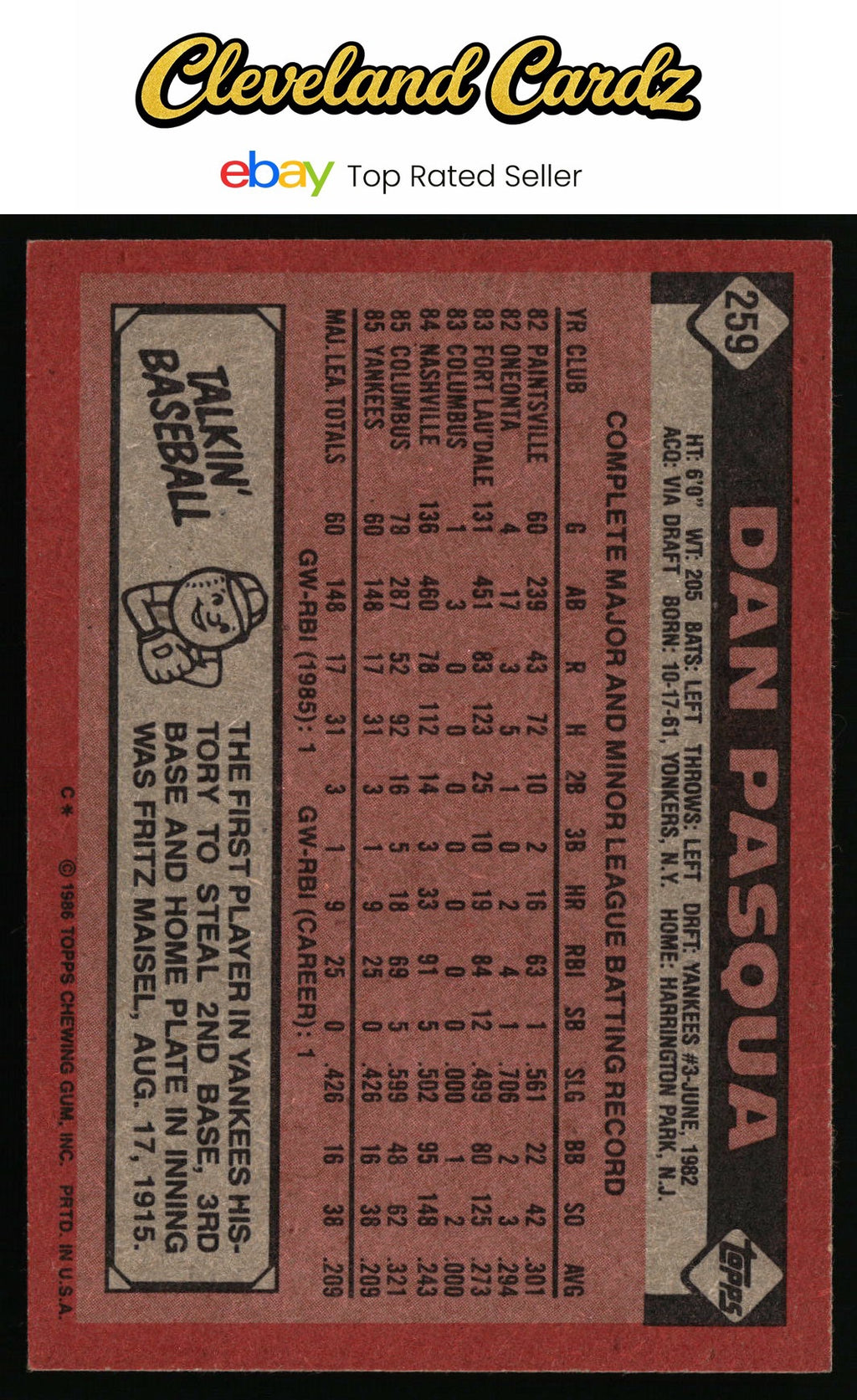 1986 Topps #259 Dan Pasqua