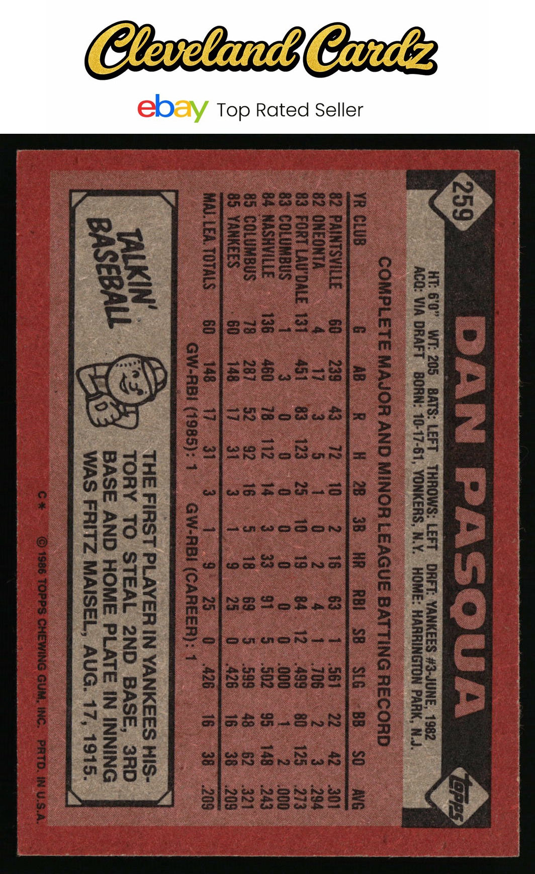 1986 Topps #259 Dan Pasqua