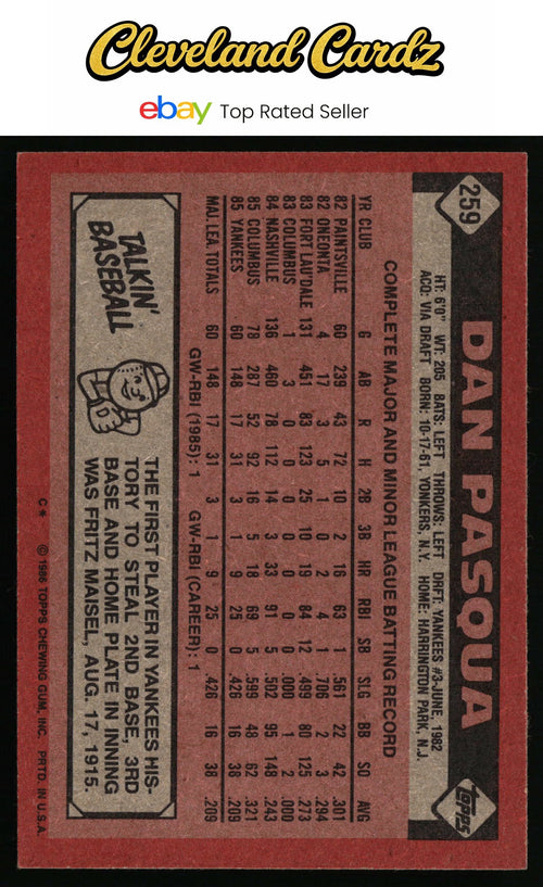 1986 Topps #259 Dan Pasqua