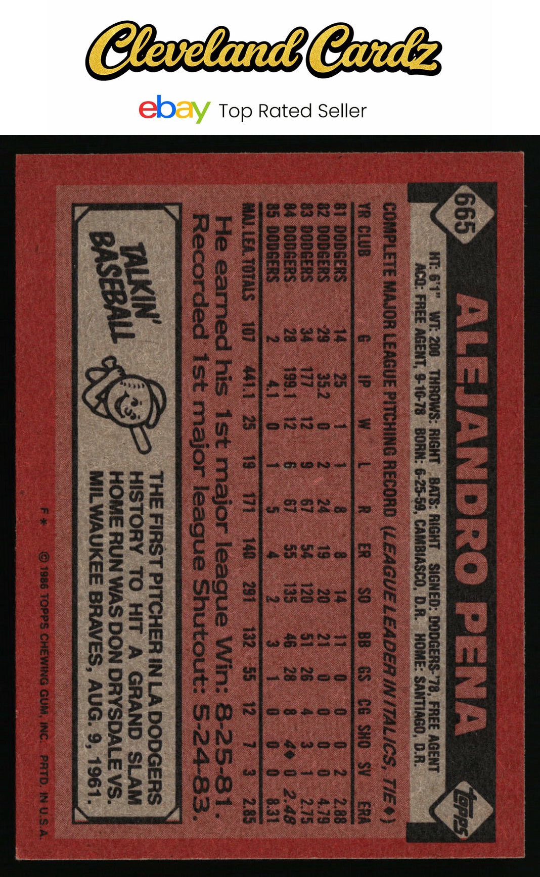 1986 Topps #665 Alejandro Pena