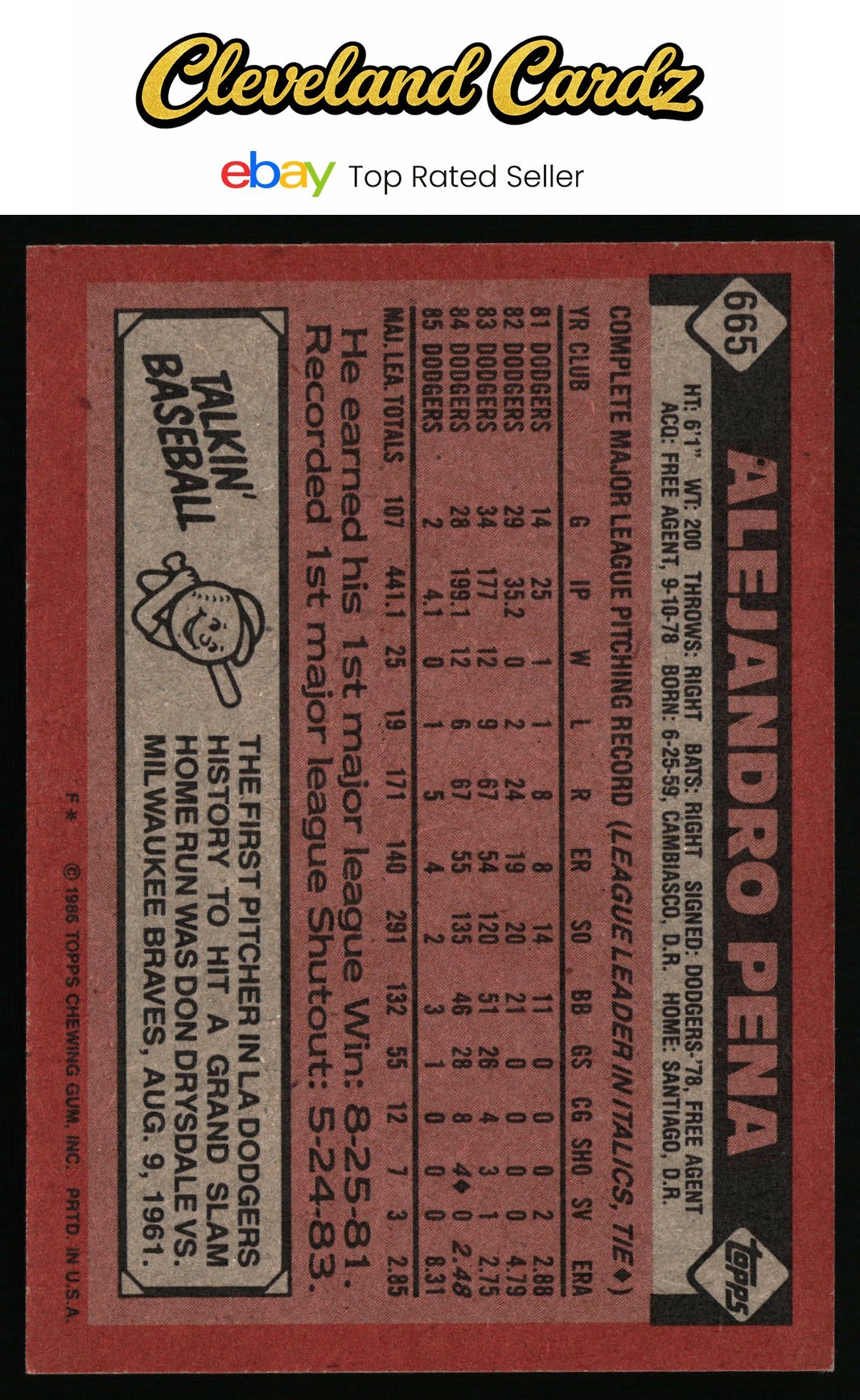 1986 Topps #665 Alejandro Pena