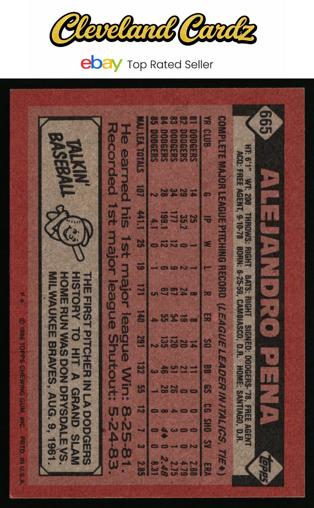 1986 Topps #665 Alejandro Pena