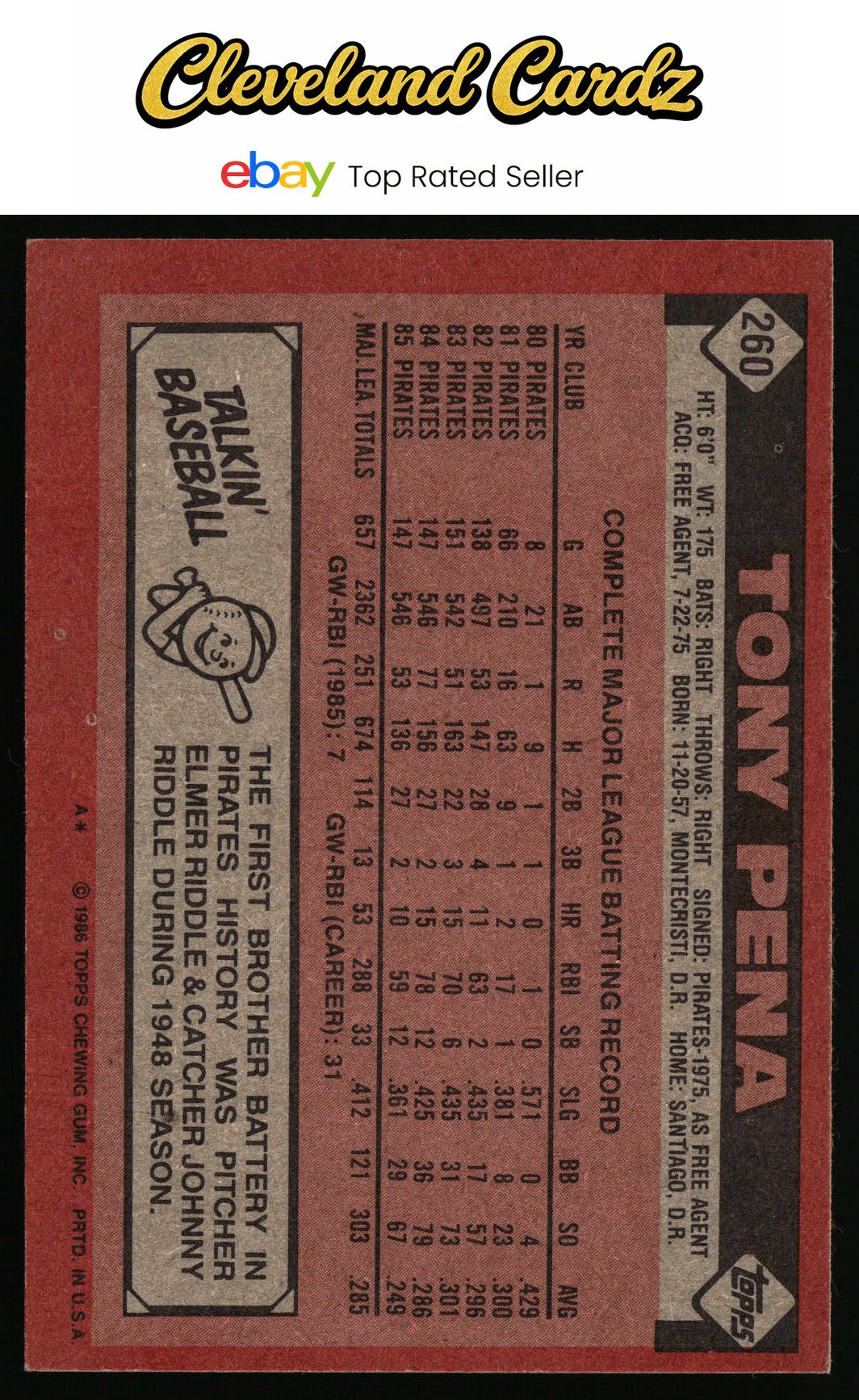 1986 Topps #260 Tony Pena
