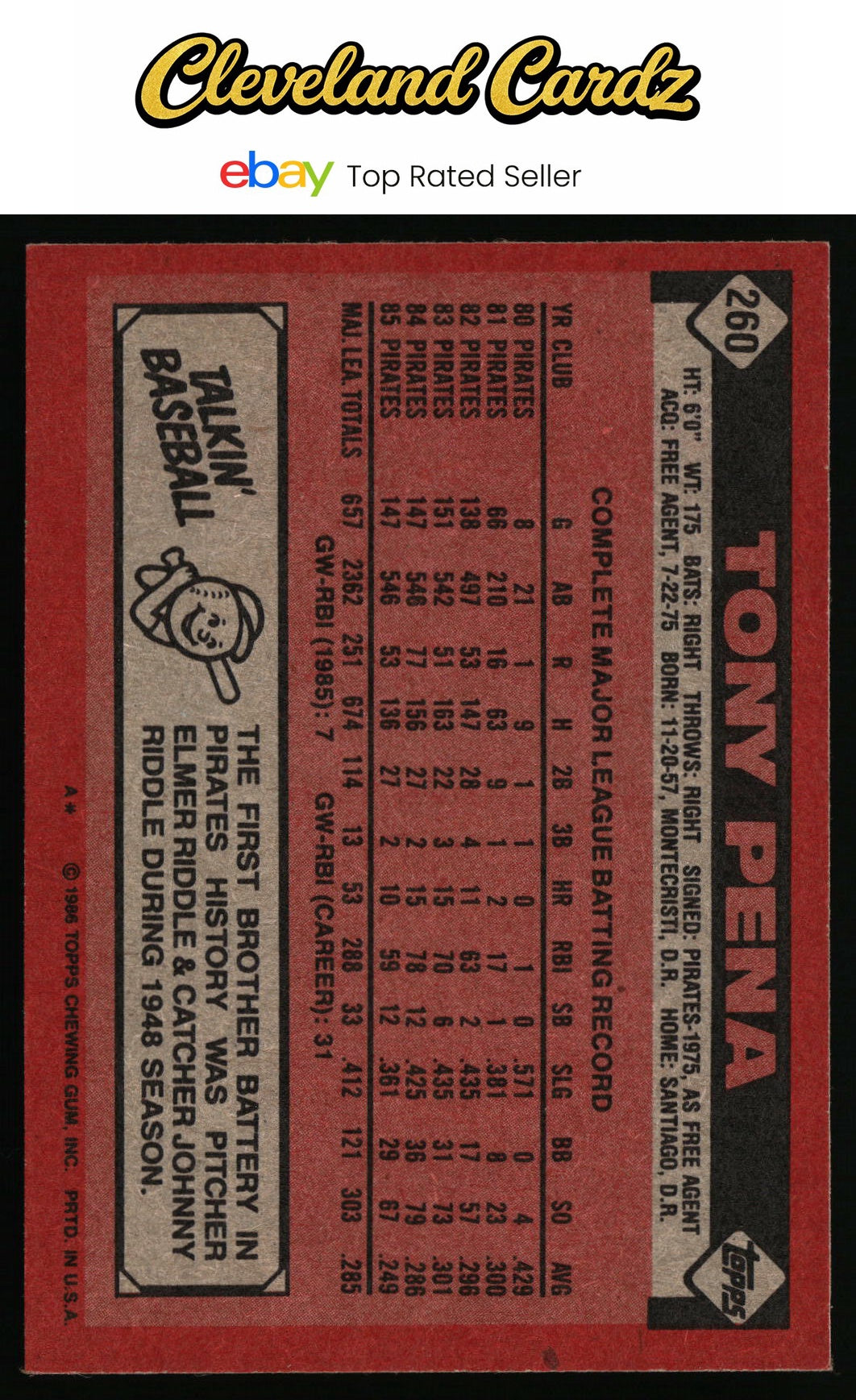 1986 Topps #260 Tony Pena