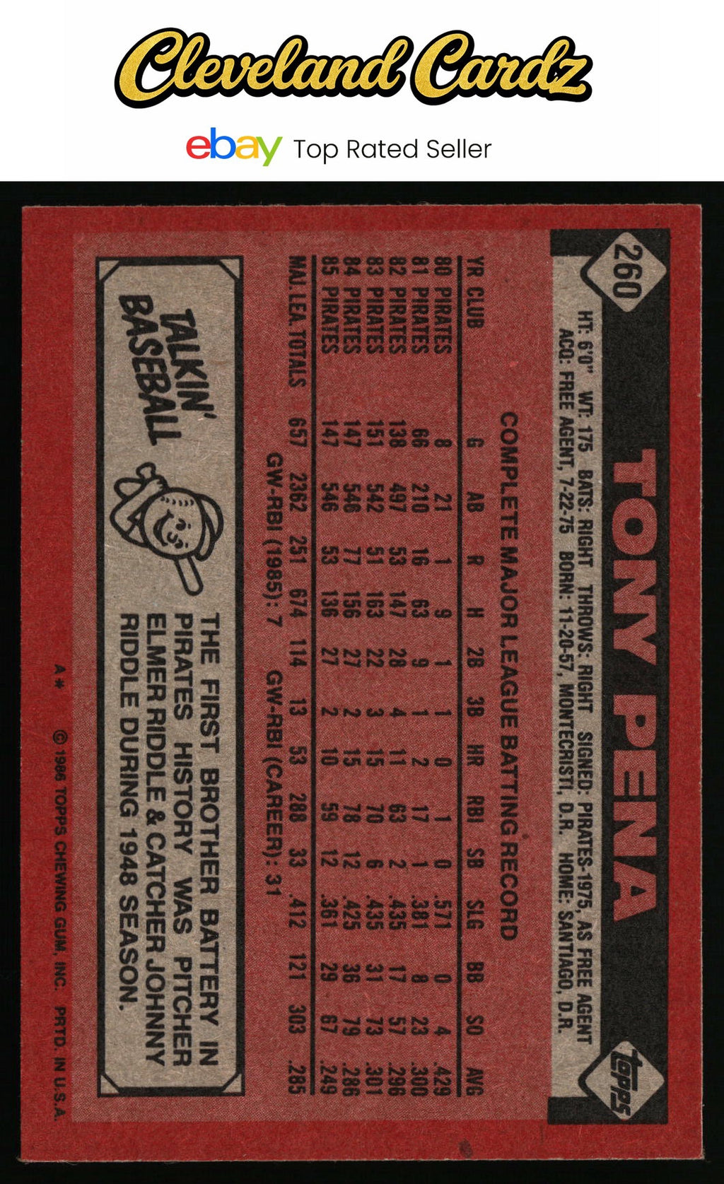 1986 Topps #260 Tony Pena