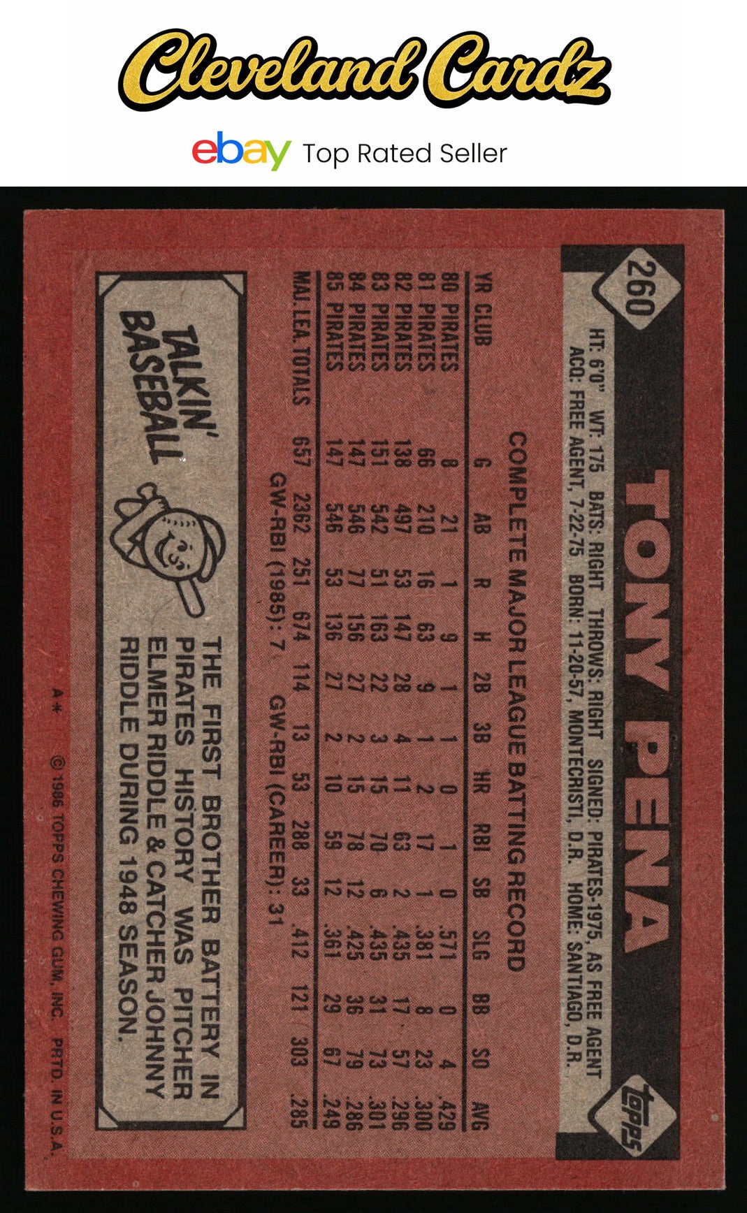 1986 Topps #260 Tony Pena