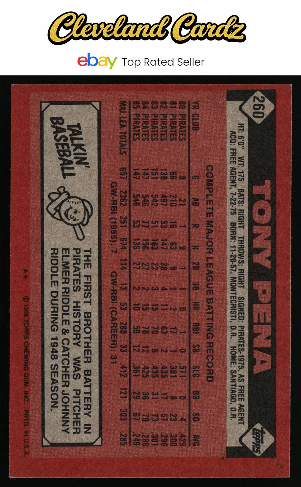 1986 Topps #260 Tony Pena