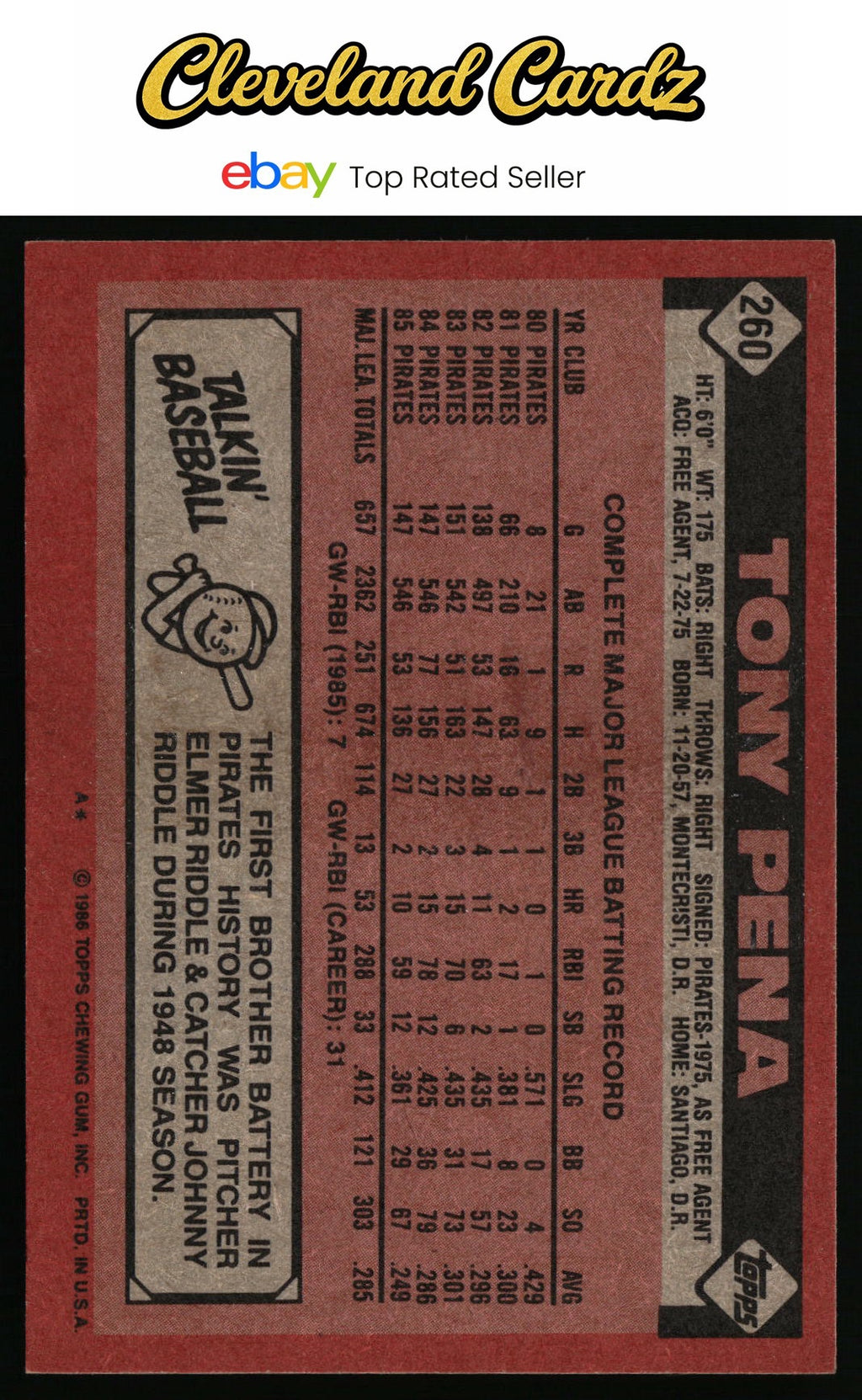 1986 Topps #260 Tony Pena