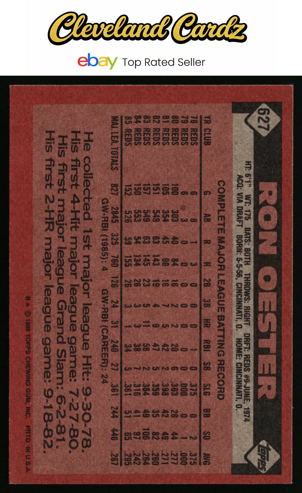 1986 Topps #627 Ron Oester