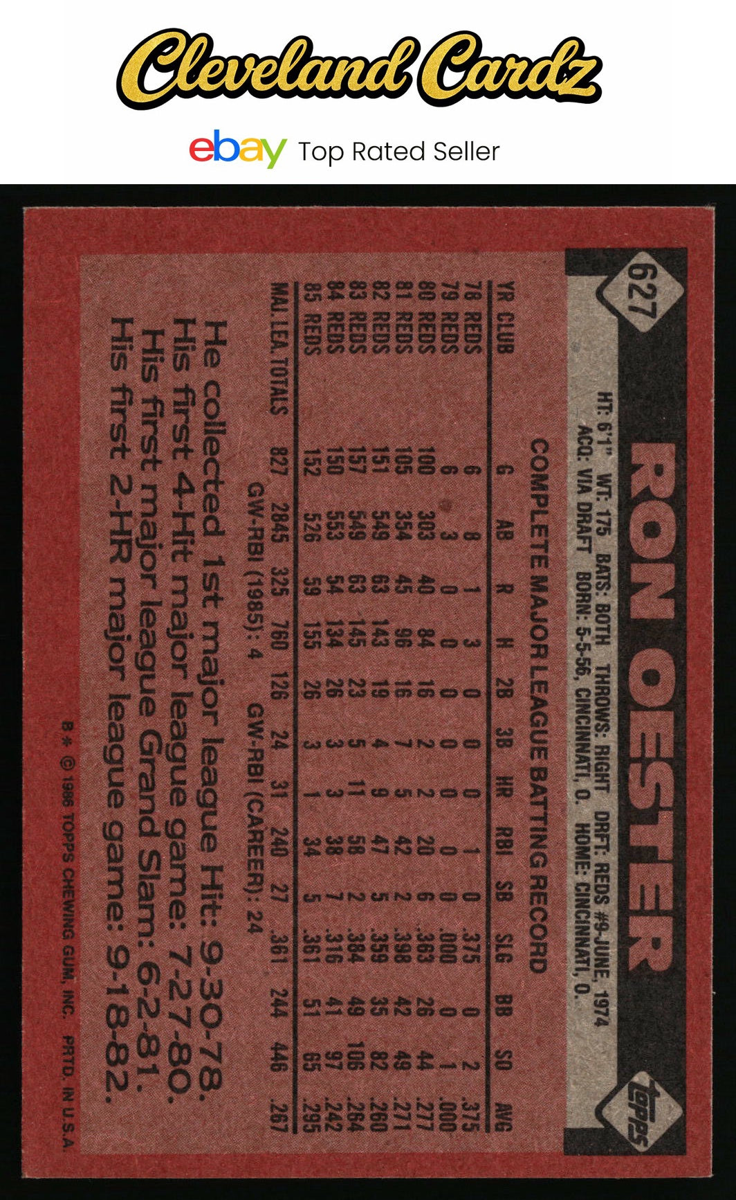 1986 Topps #627 Ron Oester