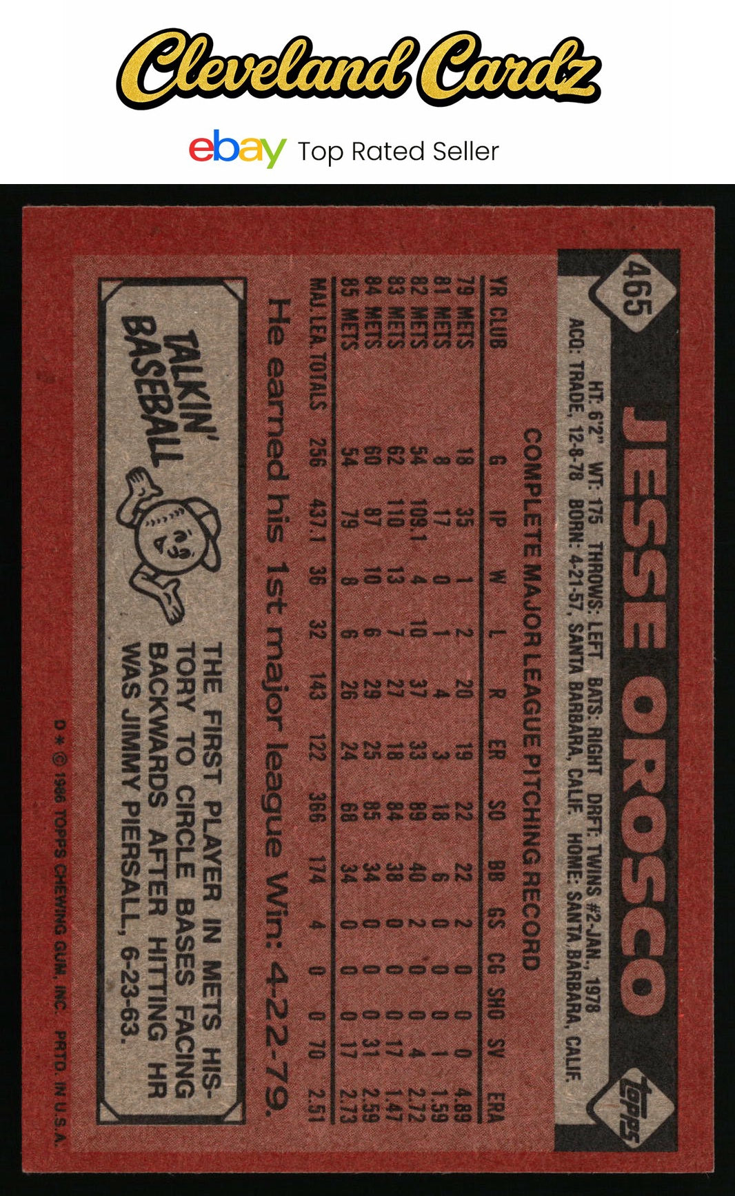1986 Topps #465 Jesse Orosco