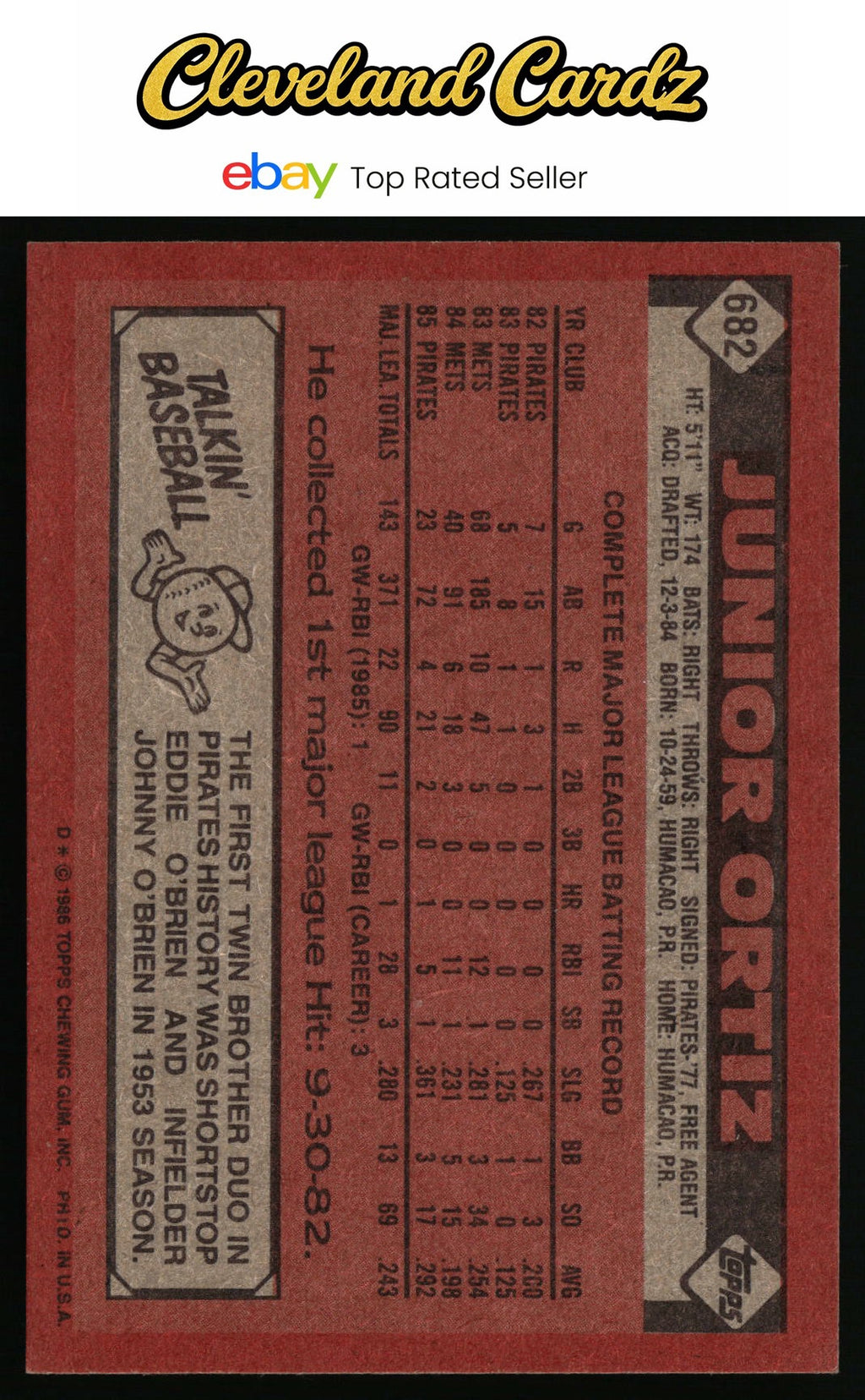 1986 Topps #682 Junior Ortiz