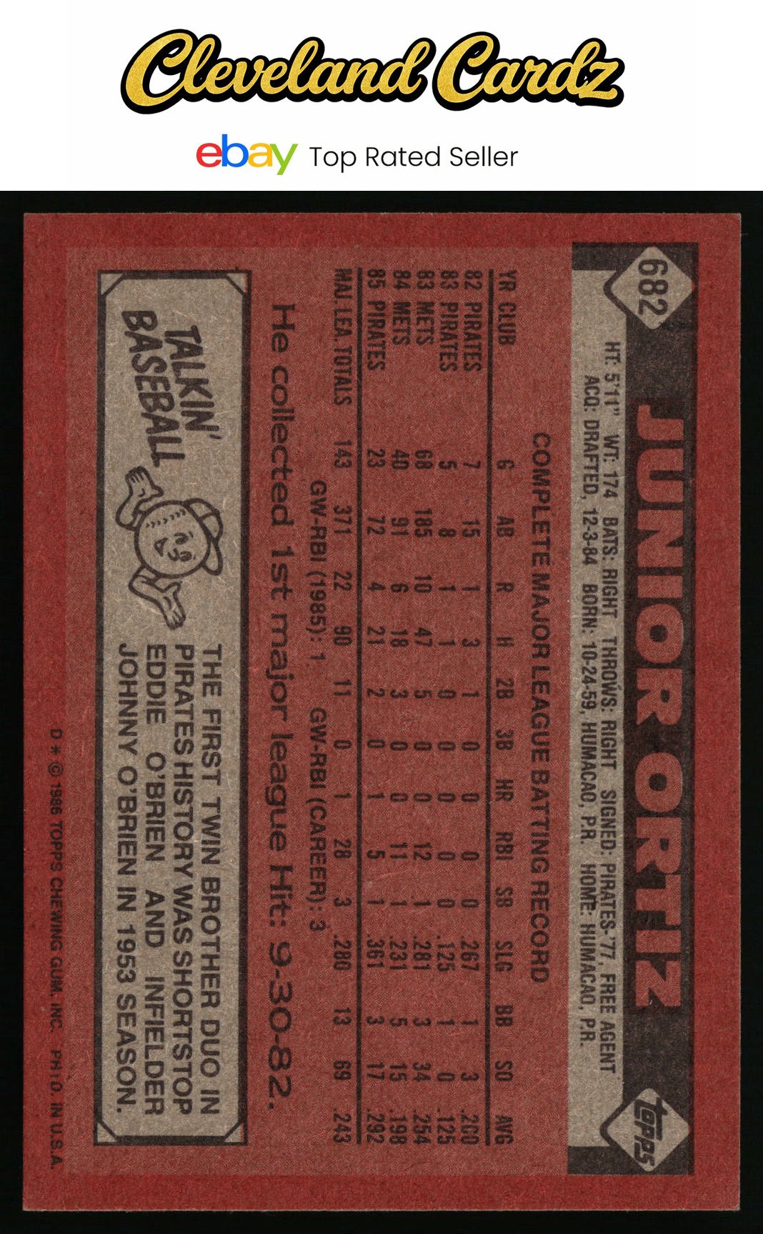1986 Topps #682 Junior Ortiz